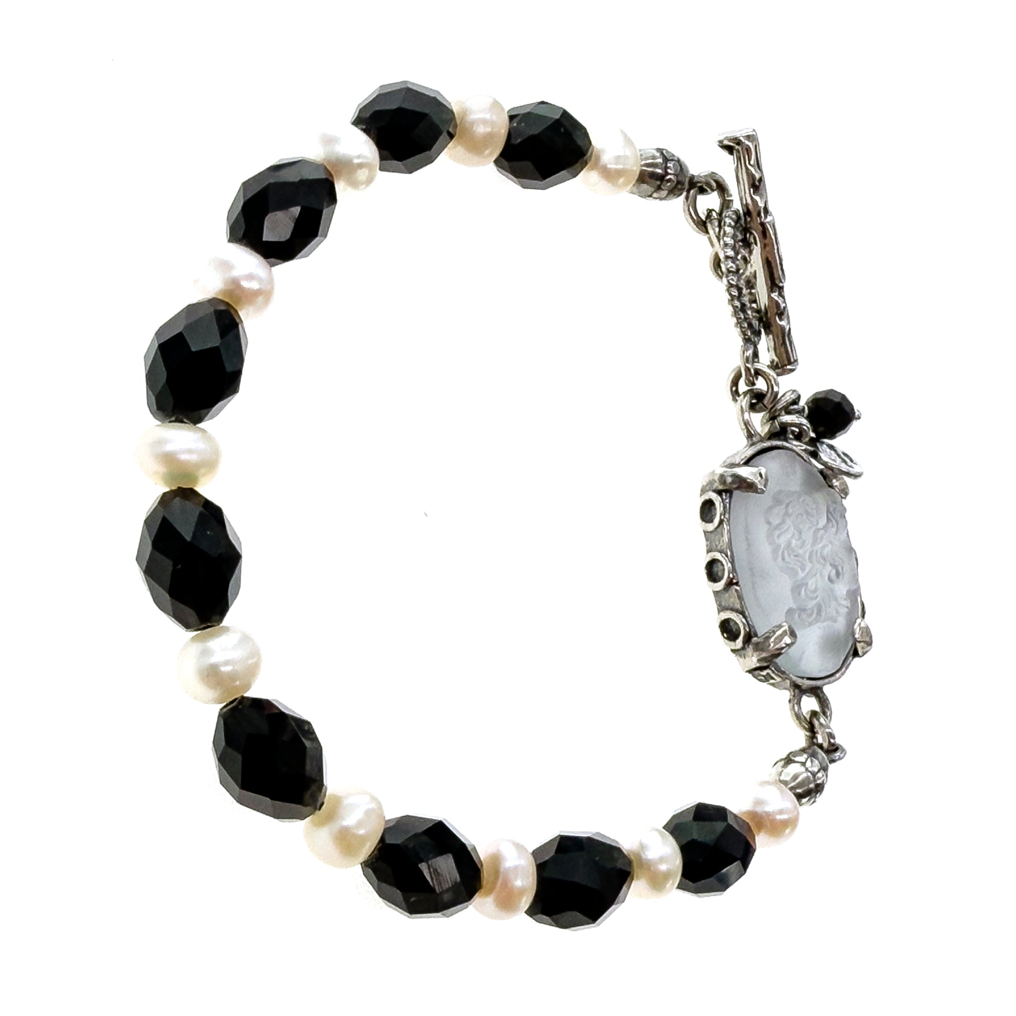 White Cameo Beaded Bracelet – Sterling Silver – Gem Kingdom