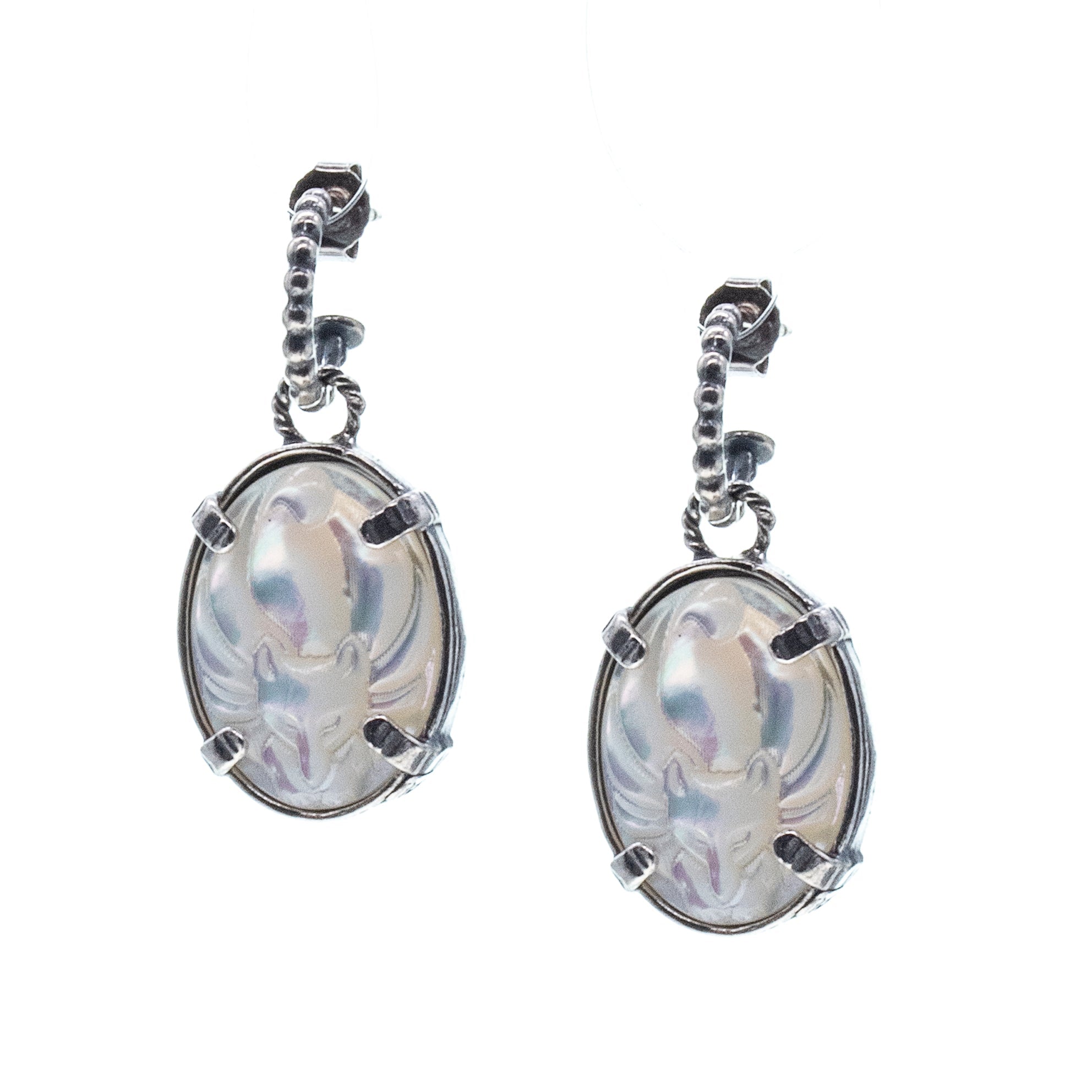 White Fox Cameo Pierced Hoop Earrings – Sterling Silver – Gem Kingdom