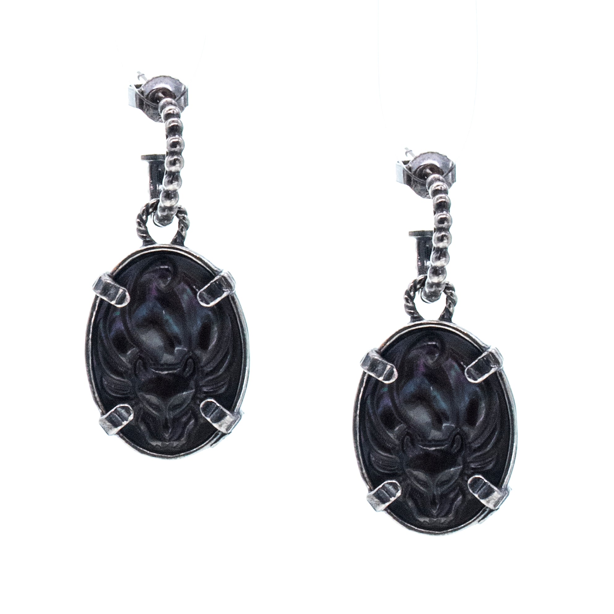 Black Fox Cameo Pierced Hoop Earrings – Sterling Silver – Gem Kingdom