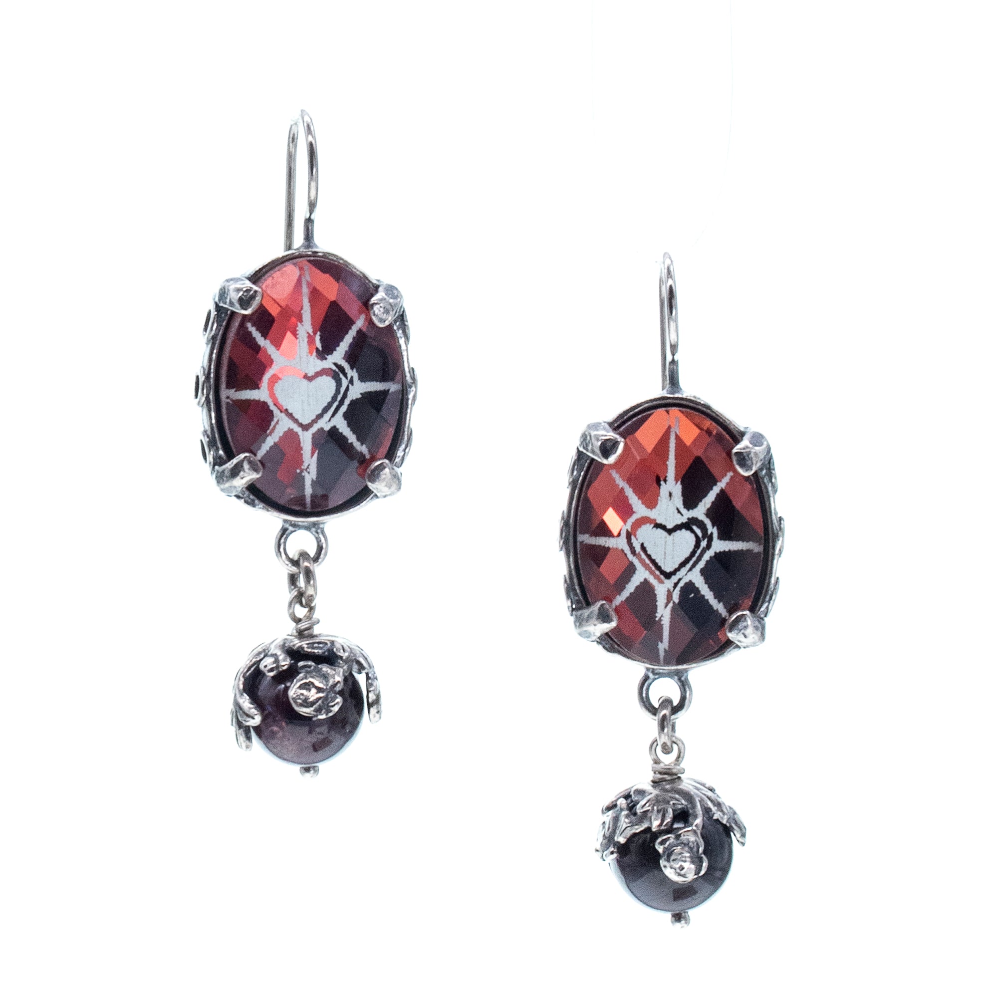 Heart Intaglio & Garnet Drop Earrings – Sterling Silver – Gem Kingdom