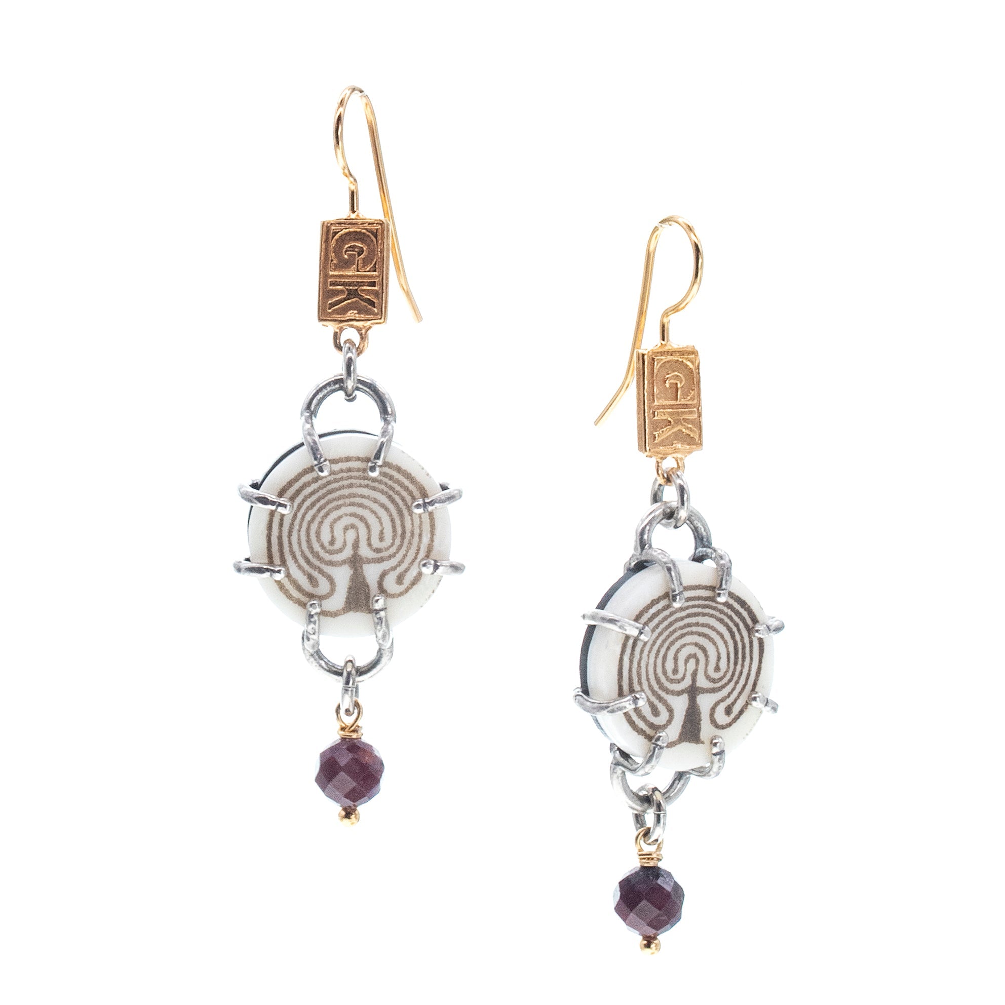 Engraved Bone & Garnet Drop Earrings – Sterling Silver – Gem Kingdom