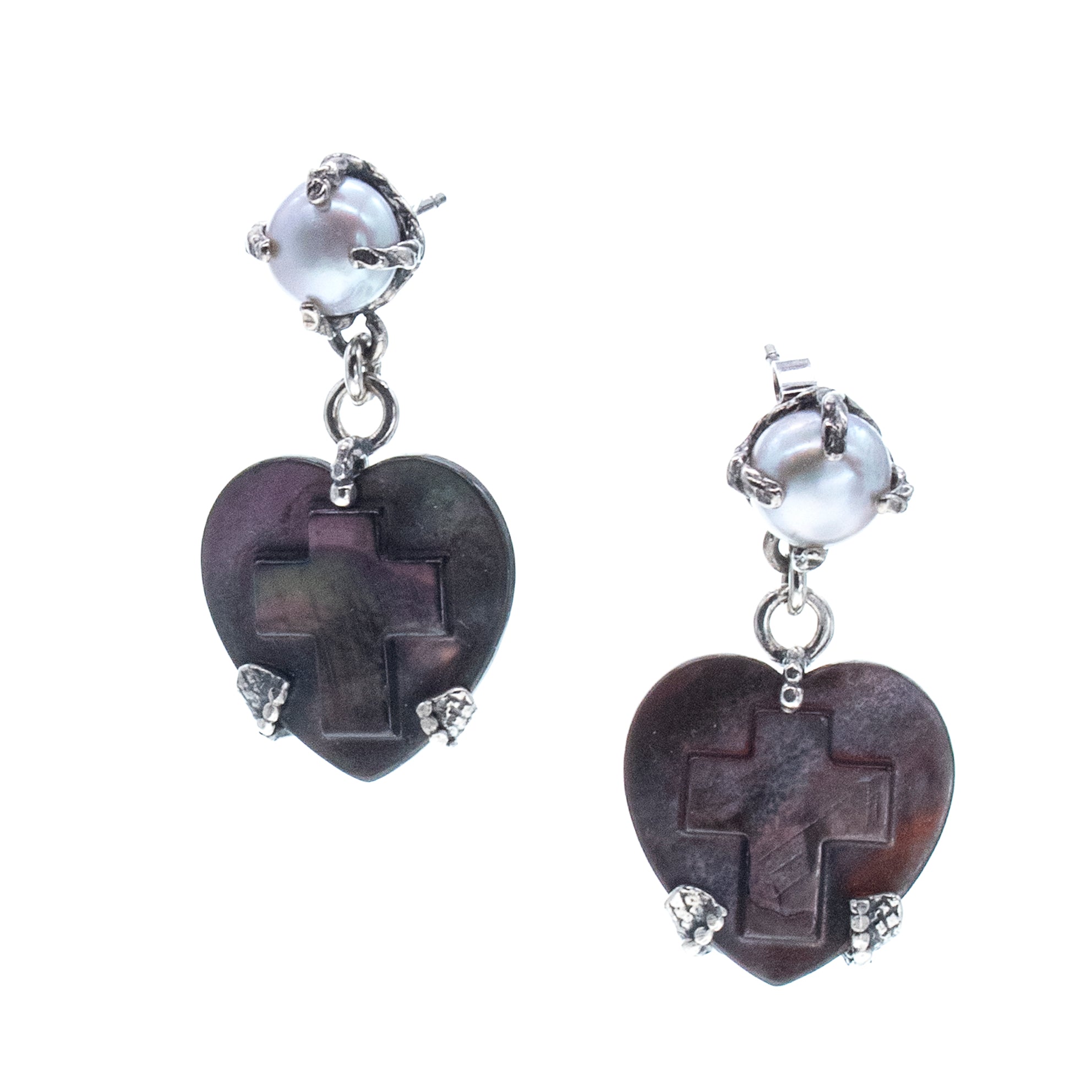 Black Heart & Cross Mother Of Pearl Drop Earrings – Sterling Silver – Gem Kingdom
