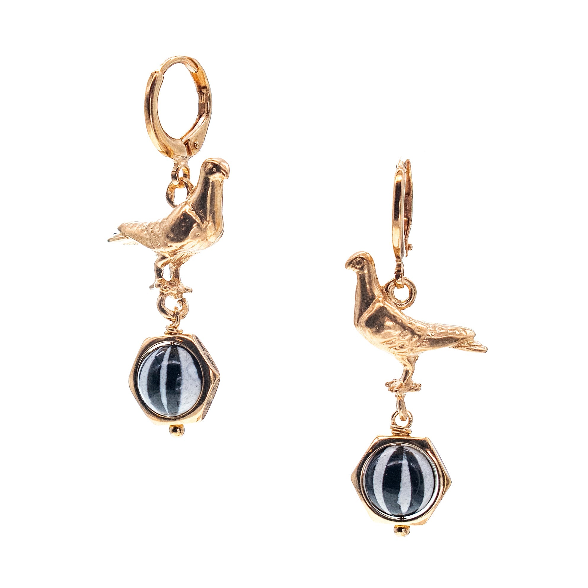Black And White Pigeon Earrings – Gold Plated – Gem Kingdom
