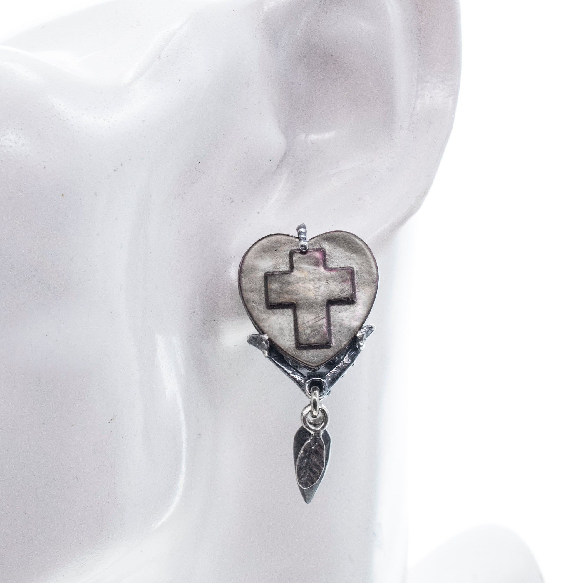 Black Mother Of Pearl Heart & Cross Ear Clips – Sterling Silver – Gem Kingdom