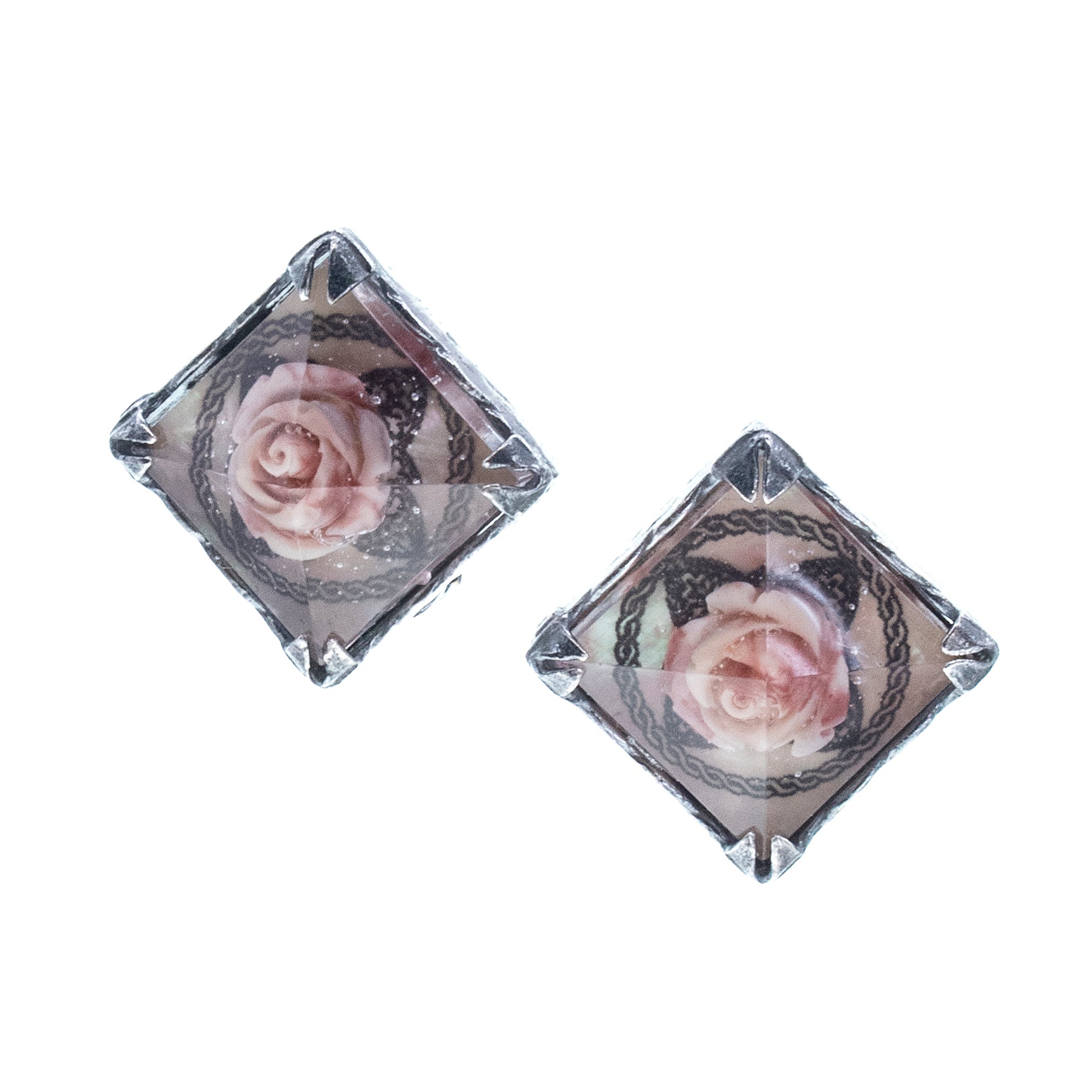Pyramid Resin Pink Rose Ear Clips – Sterling Silver – Gem Kingdom