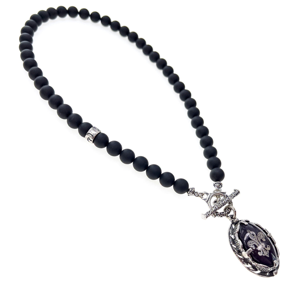 Fleur-De-Lis Bead Necklace Black – Sterling Silver – Gem Kingdom