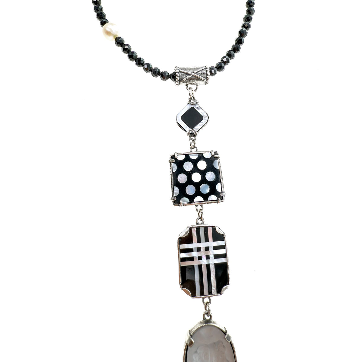 Black And White Geometric Y-Necklace – Sterling Silver – Gem Kingdom