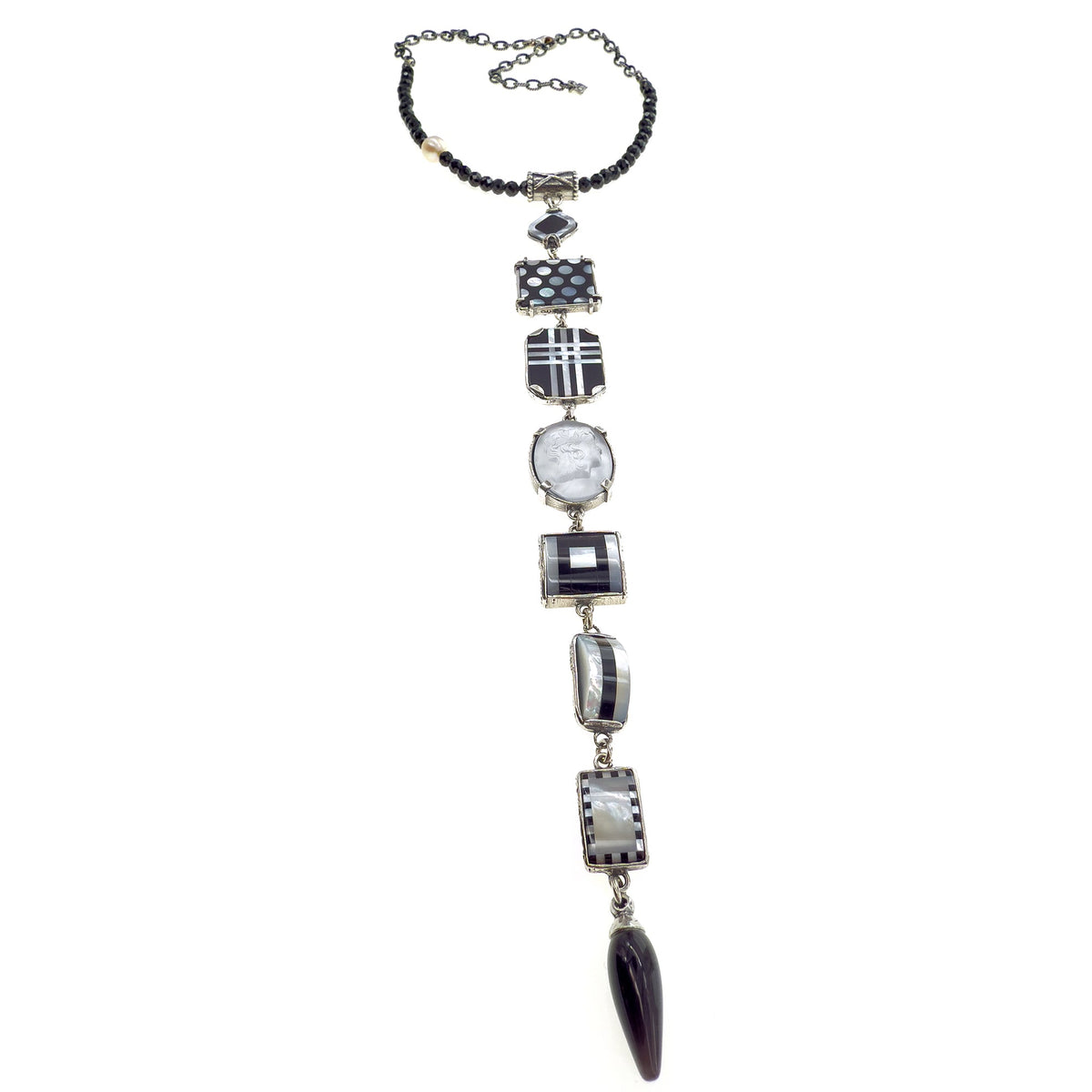 Black And White Geometric Y-Necklace – Sterling Silver – Gem Kingdom