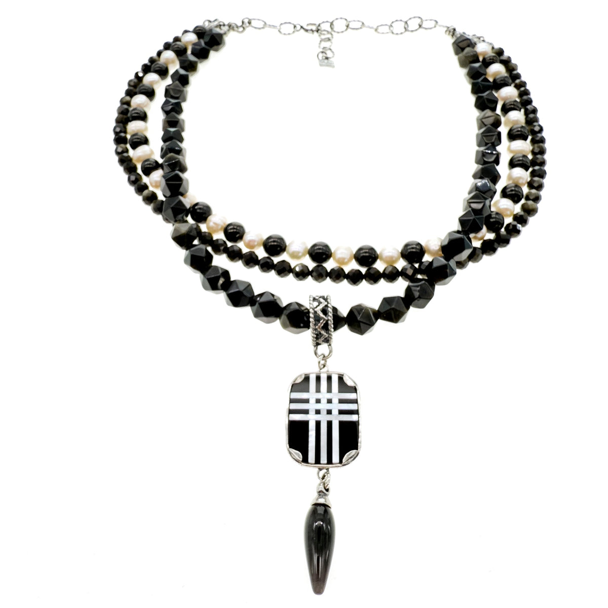 Black And White Triple Strand Necklace – Sterling Silver – Gem Kingdom