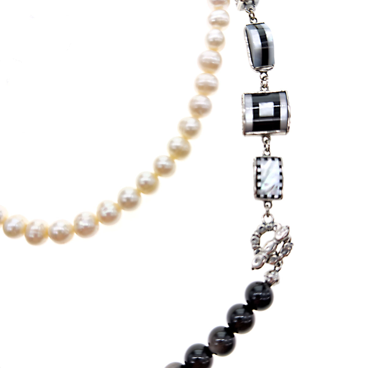 Black And White Long Pearl Necklace – Sterling Silver – Gem Kingdom