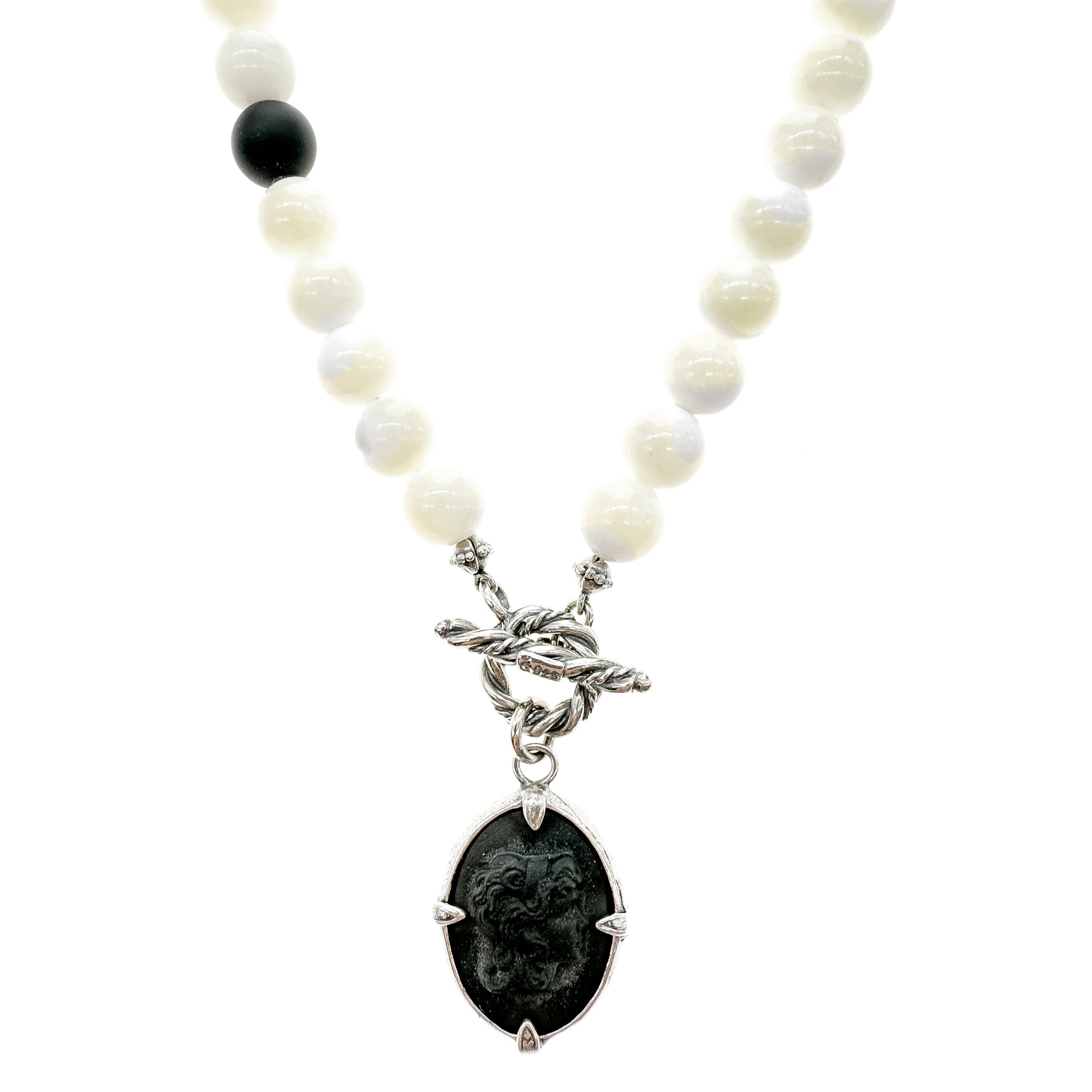 Black Cameo And White Beaded Necklace – Sterling Silver – Gem Kingdom