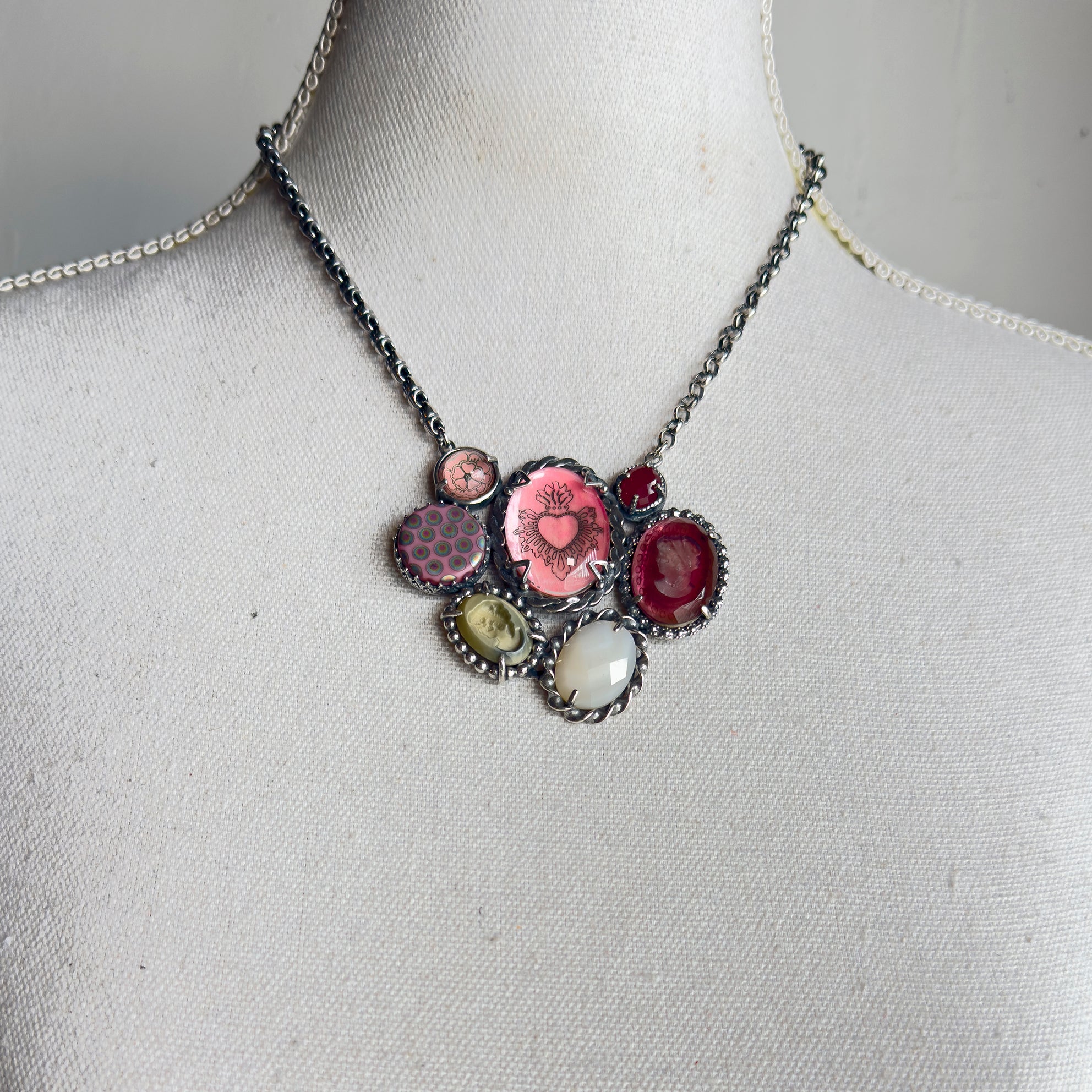 Pink Sacred Heart Cluster Necklace – Sterling Silver – Gem Kingdom