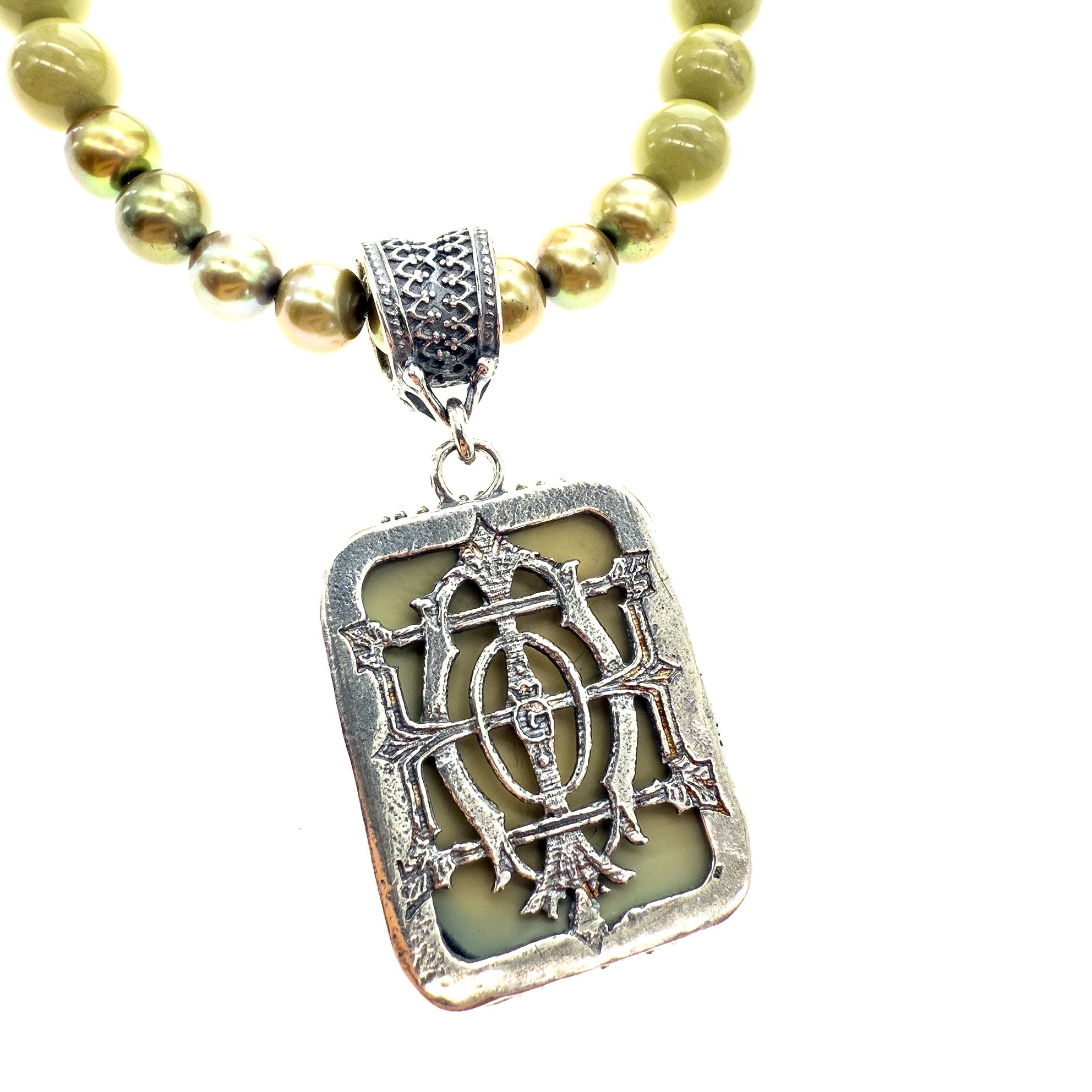 Vintage Cameo Matcha Beaded Pendant Necklace – Sterling Silver – Gem Kingdom