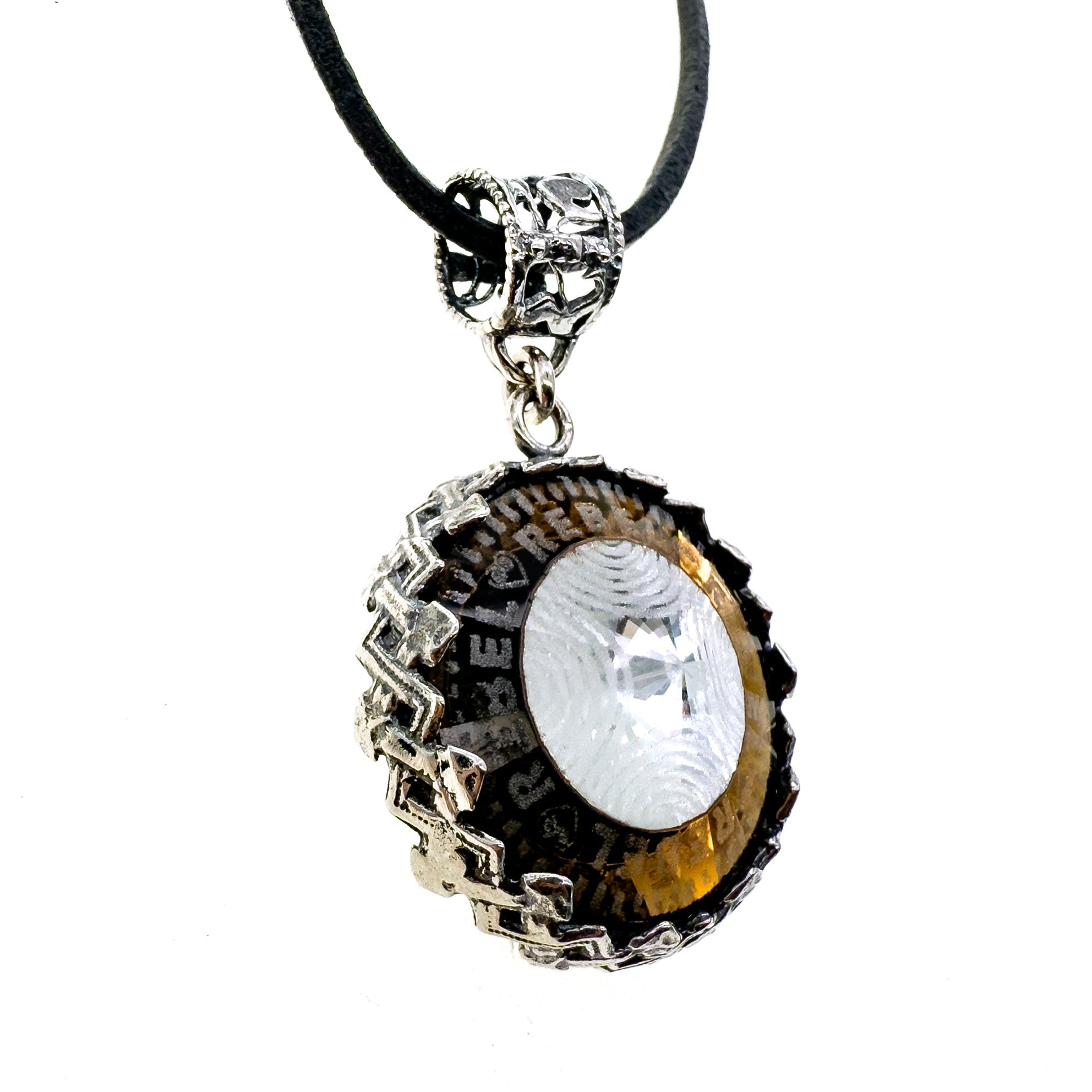 Rebel Rebel Brown Engraved Glass Crystal Necklace – Sterling Silver – Gem Kingdom