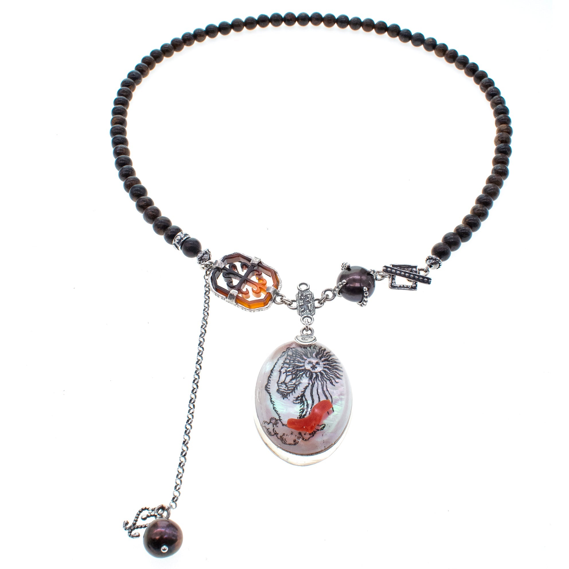Bronzite & Coral Resin Necklace – Sterling Silver – Gem Kingdom