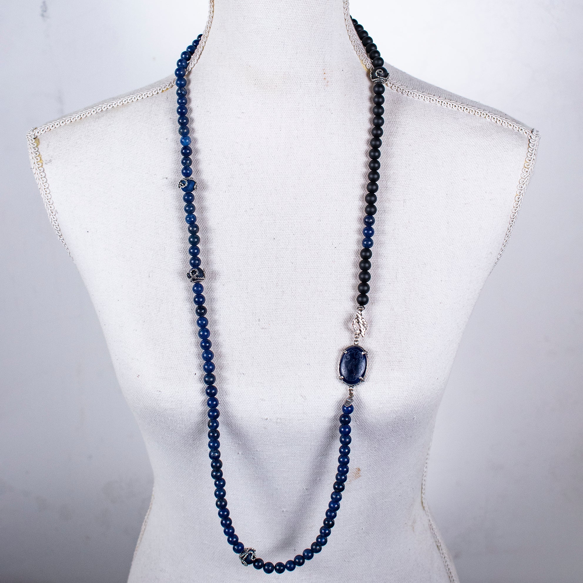 Blue Lapis & Matte Black Onyx Long Necklace – Sterling Silver – Gem Kingdom