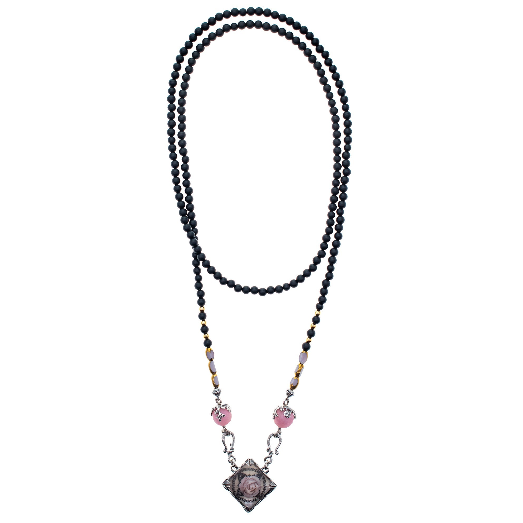 Black Matte Onyx And Pink Rose Resin Necklace – Sterling Silver – Gem Kingdom