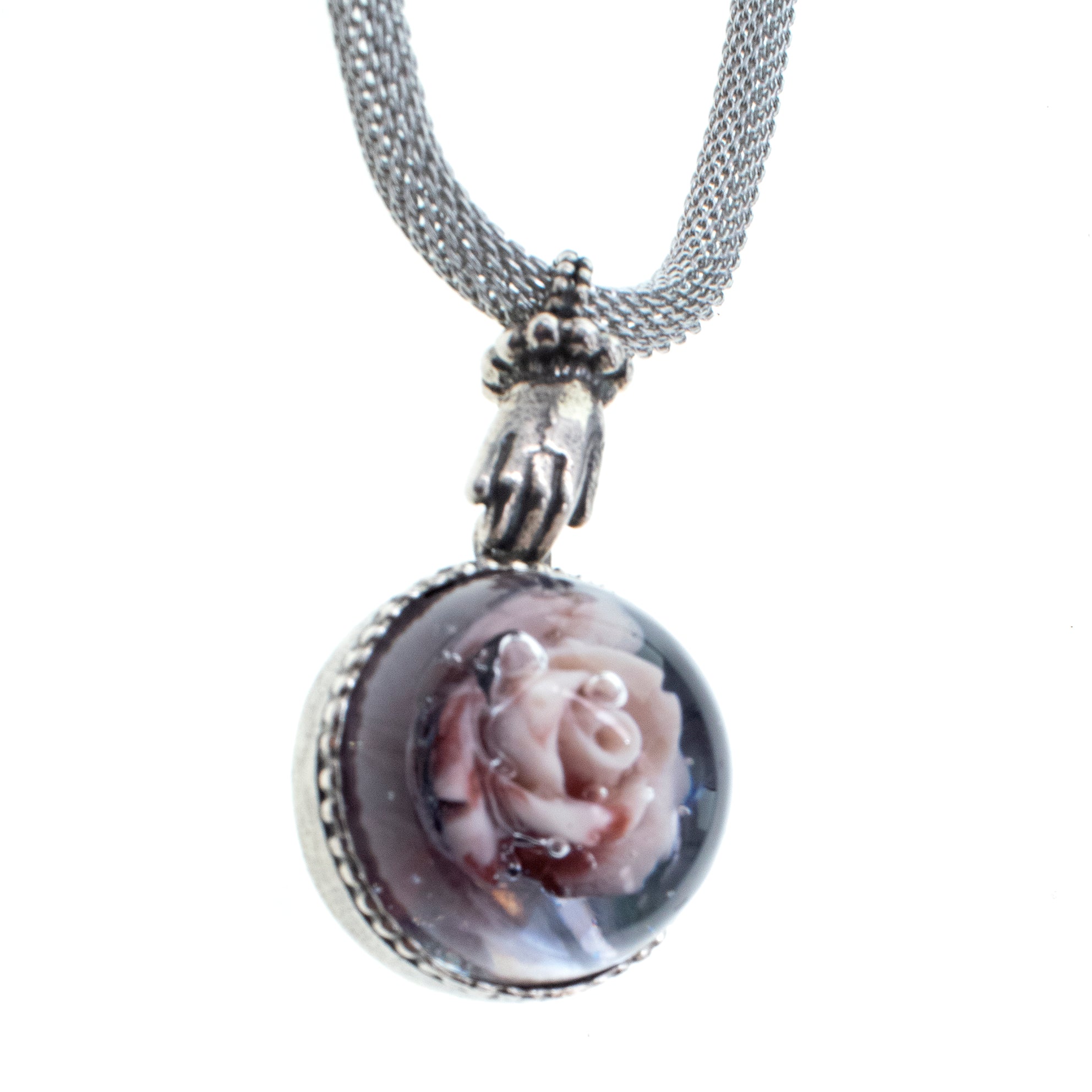 Resin Pink Rose Mesh Necklace – Sterling Silver – Gem Kingdom