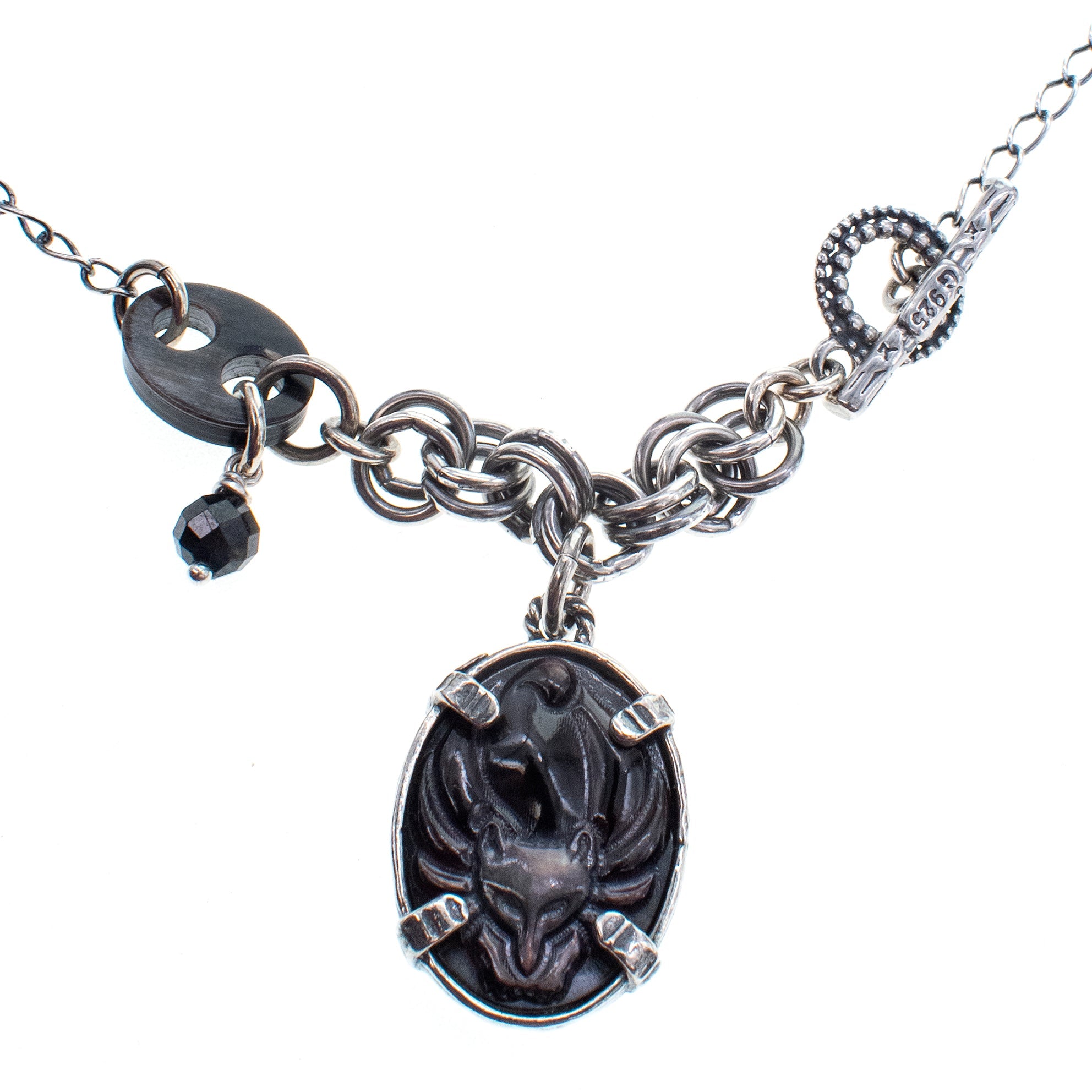 Black Mother Of Pearl Fox Cameo Pendant Necklace – Sterling Silver – Gem Kingdom