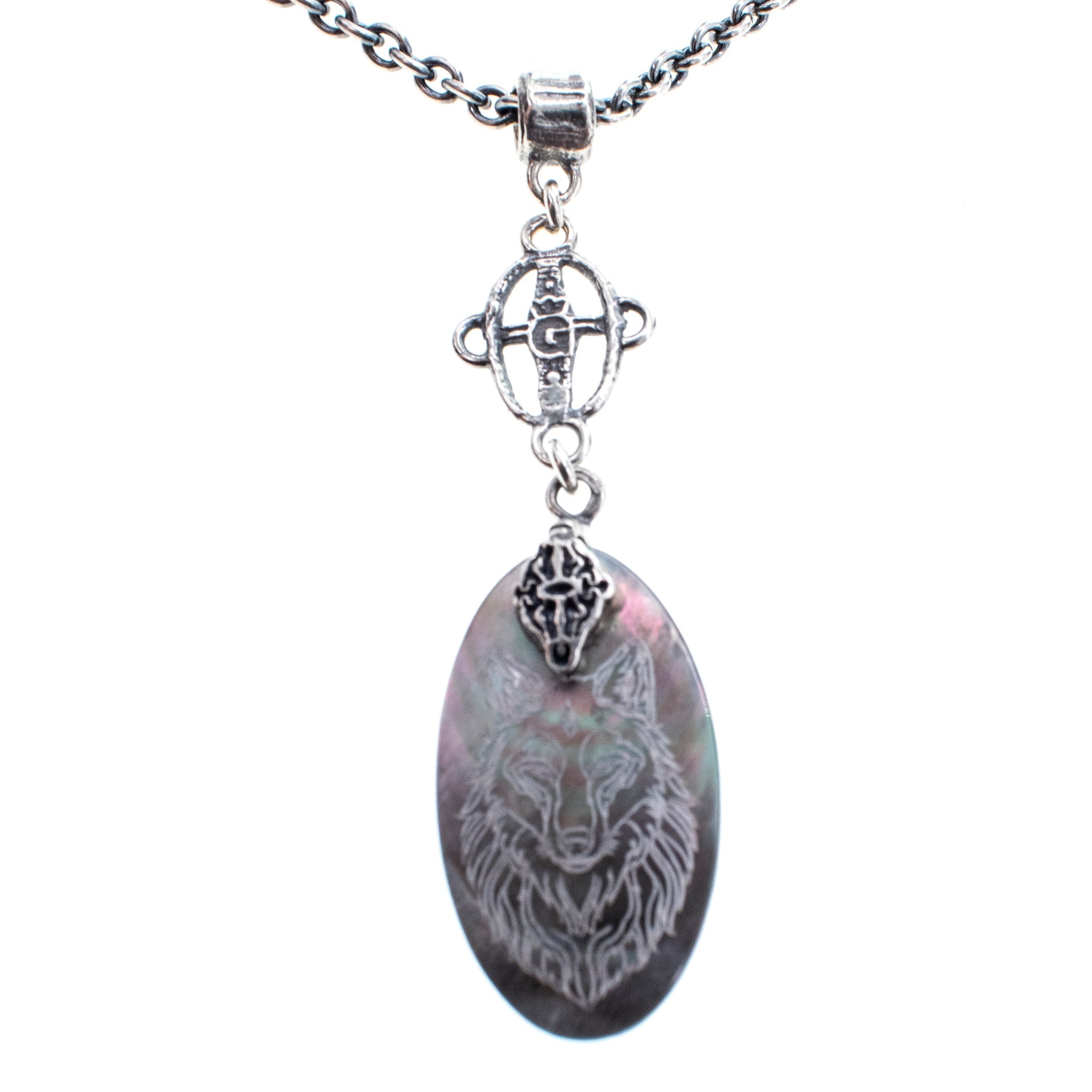 Engraved Mother Of Pearl Wolf Necklace – Sterling Silver – Gem Kingdom
