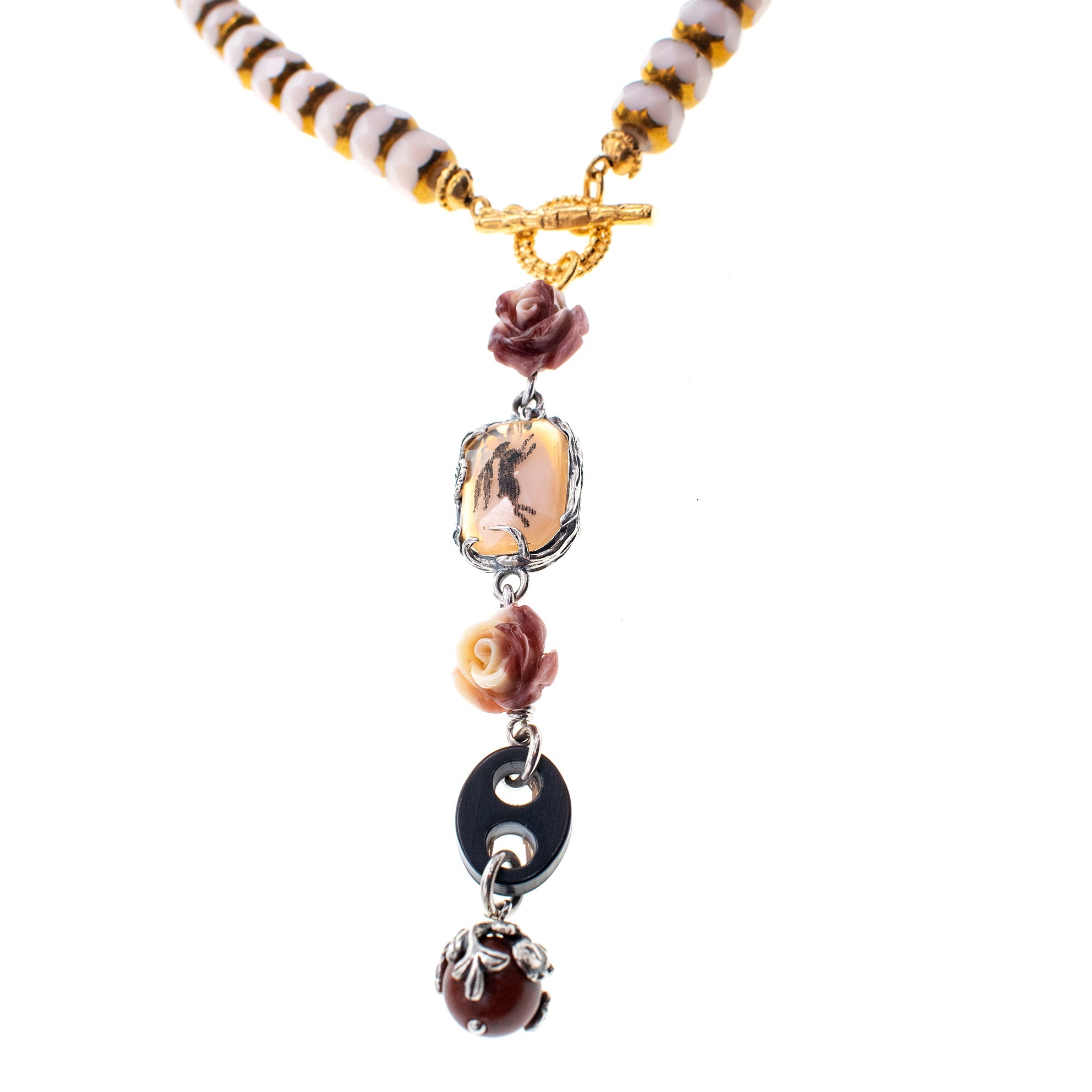 Vintage Glass Bead Pink Lariat Necklace – Sterling Silver & Gold Plated – Gem Kingdom