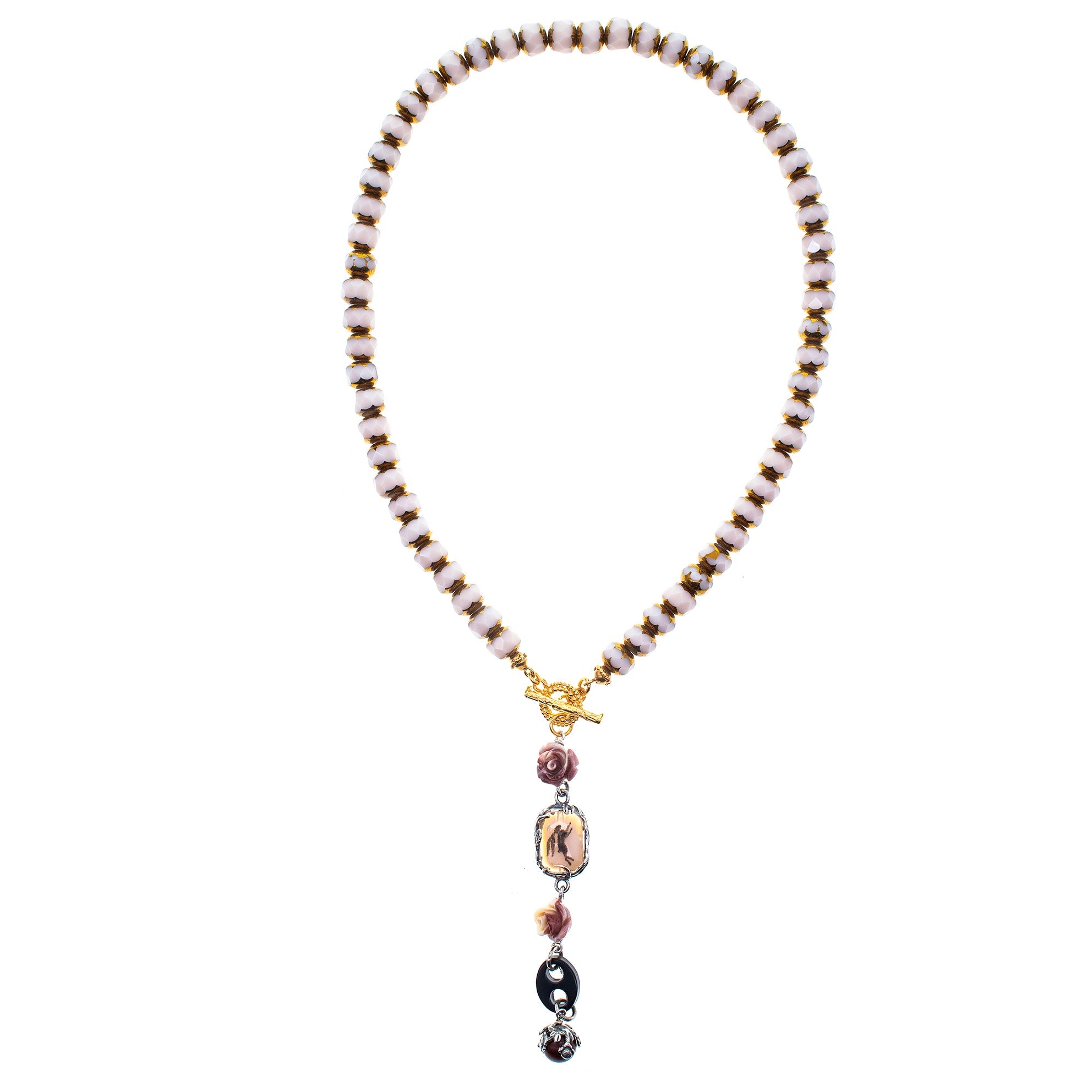 Vintage Glass Bead Pink Lariat Necklace – Sterling Silver & Gold Plated – Gem Kingdom