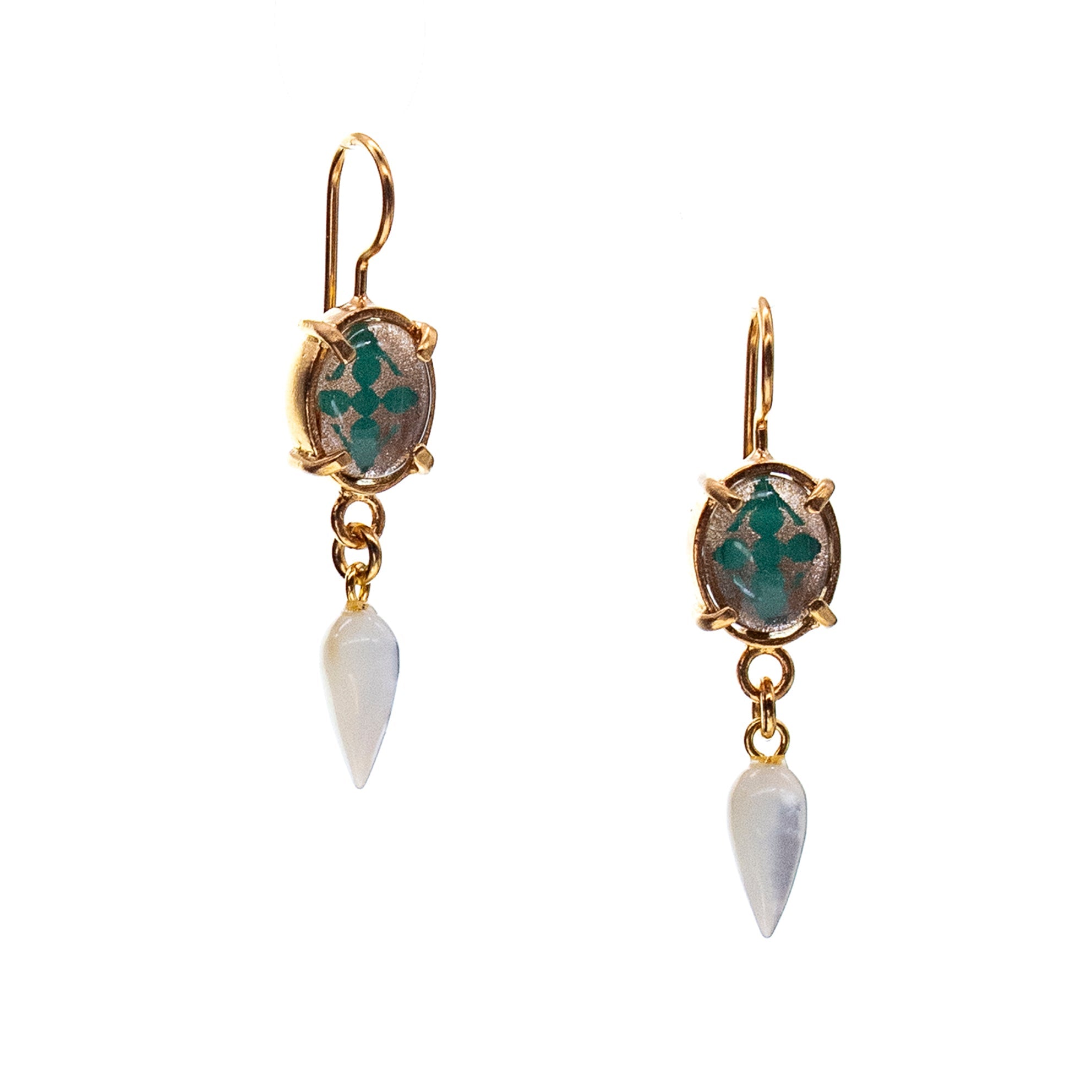 Green Intaglio Glass Drop Earrings