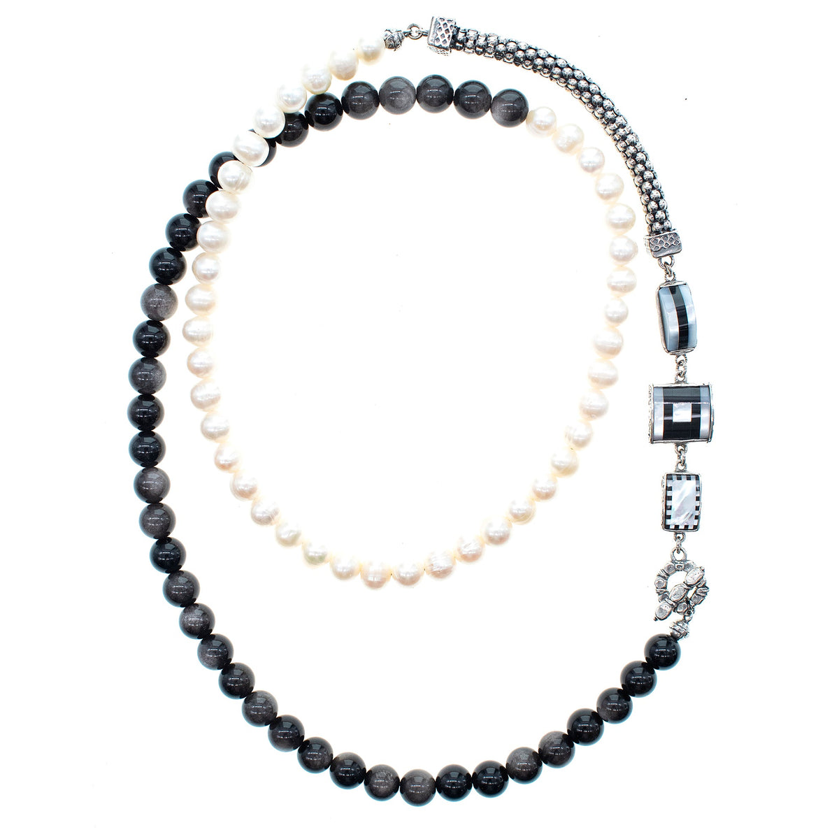 Black And White Long Pearl Necklace – Sterling Silver – Gem Kingdom