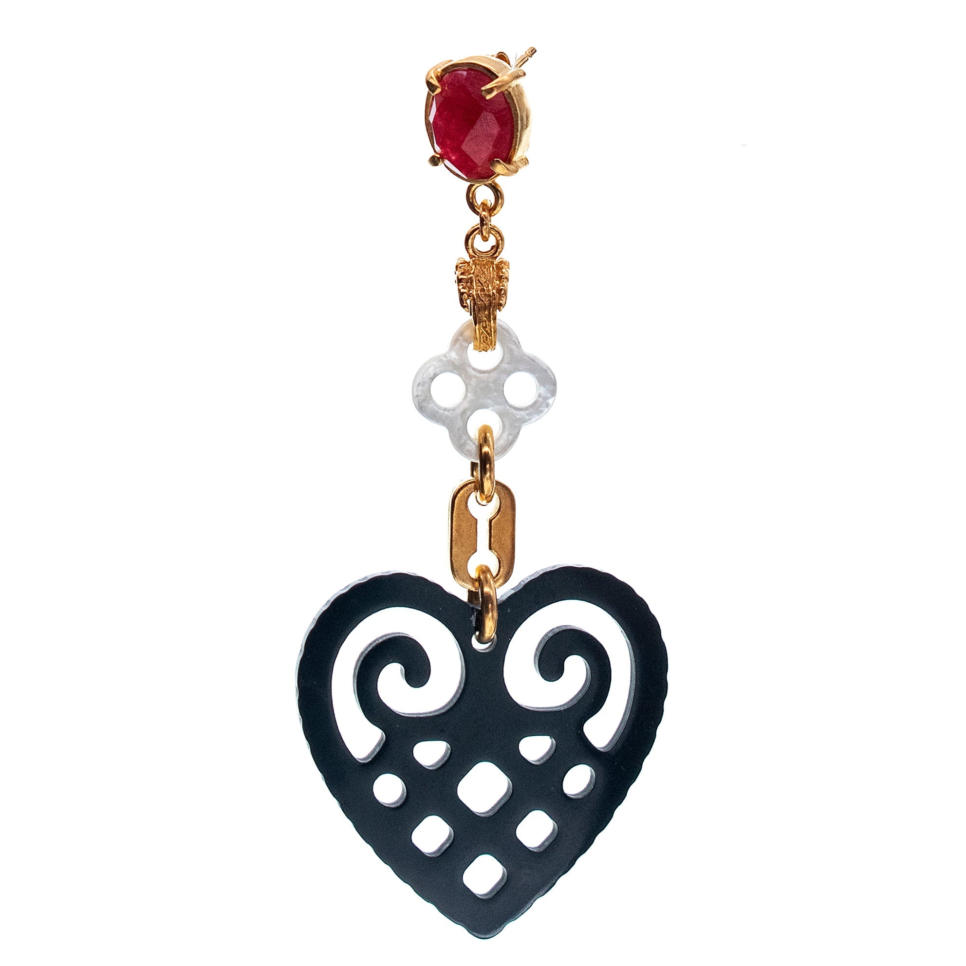 Red Agate & Onyx Heart Drop Single Earring