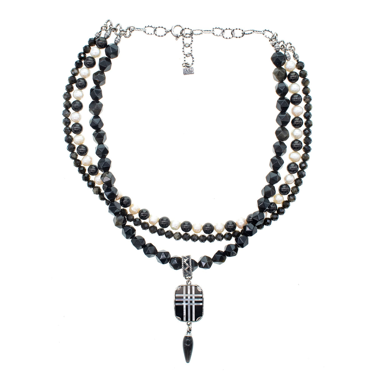 Black And White Triple Strand Necklace – Sterling Silver – Gem Kingdom