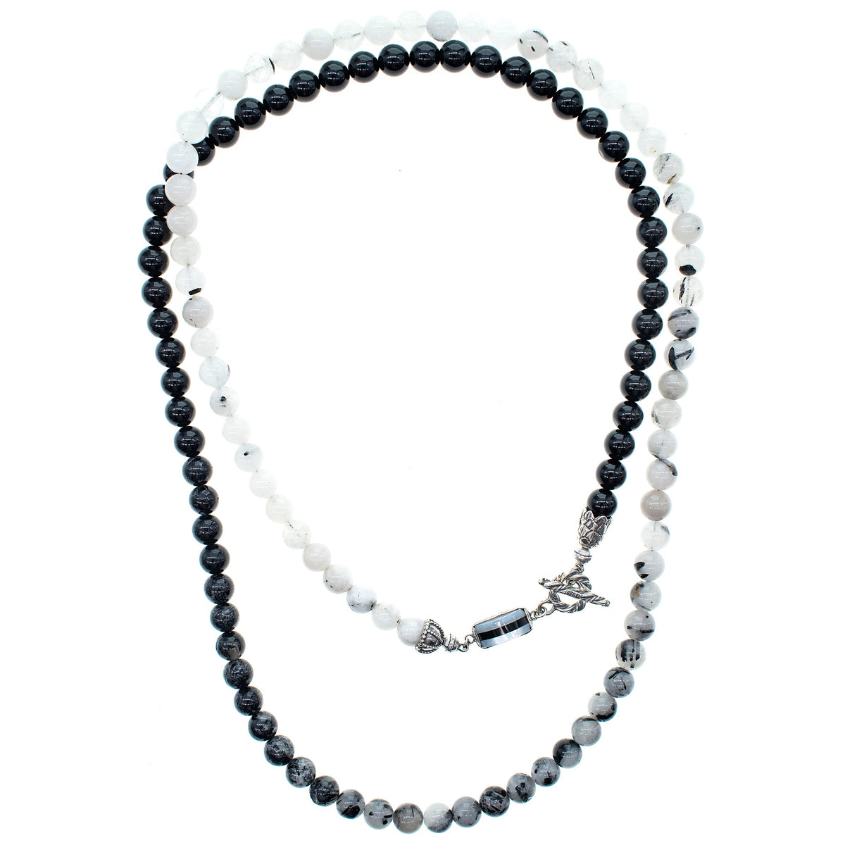 Black And White Long Beaded Necklace – Sterling Silver – Gem Kingdom