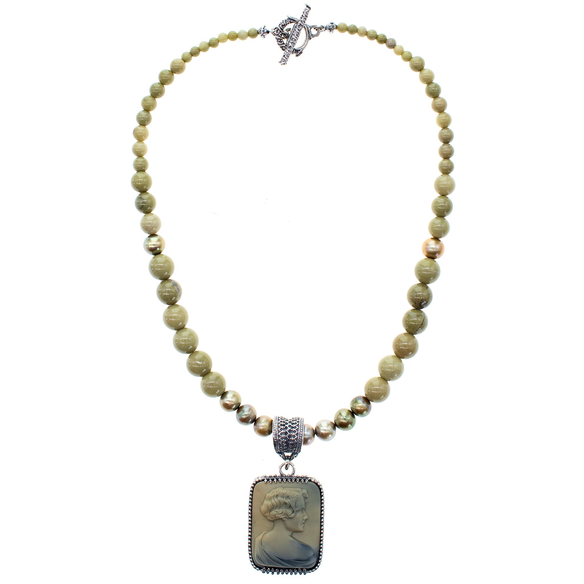 Vintage Cameo Matcha Beaded Pendant Necklace – Sterling Silver – Gem Kingdom