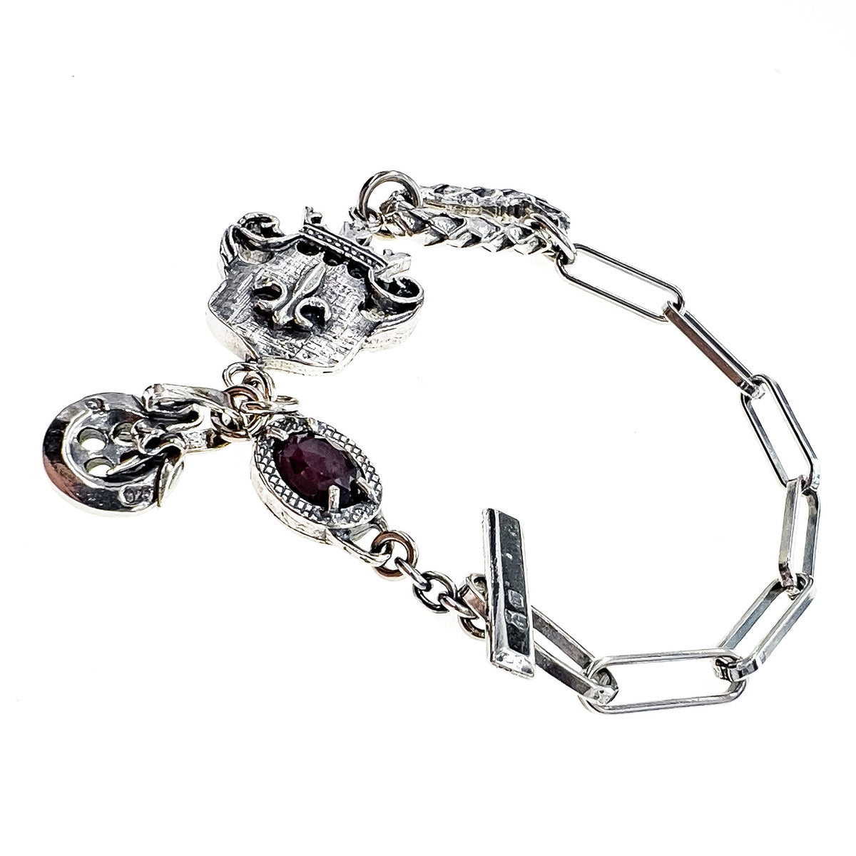 Shield & Garnet Charm Bracelet – Sterling Silver – Gem Kingdom