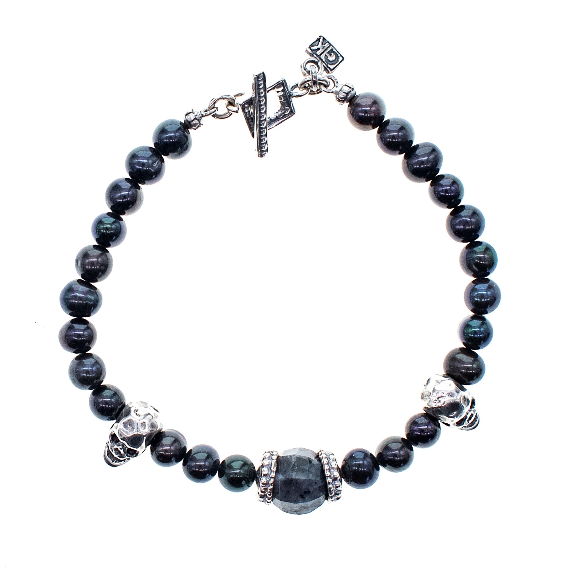 Skull & Black Beaded Bracelet – Sterling Silver – Gem Kingdom