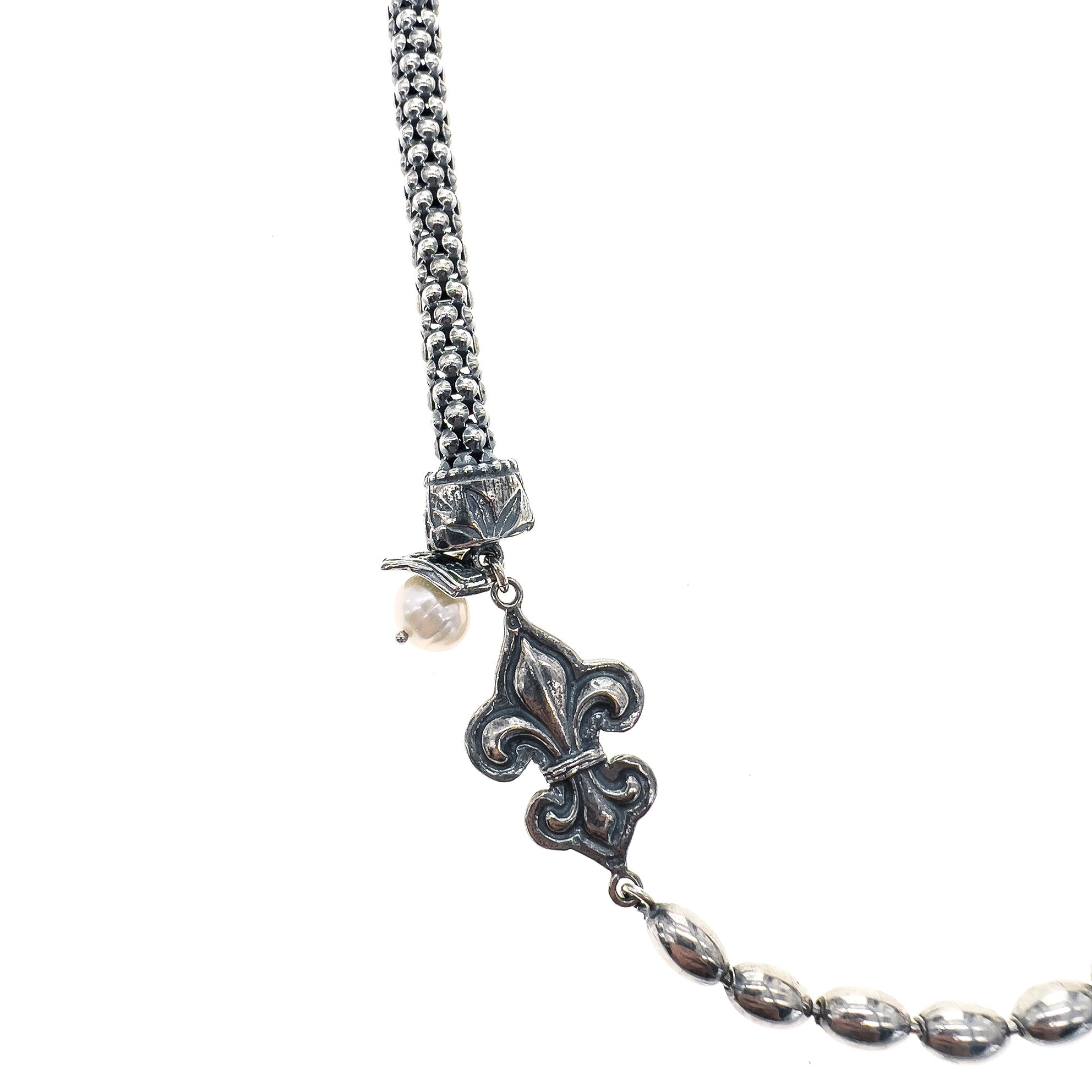 Fleur De Lis White Pearl Necklace – Sterling Silver – Gem Kingdom