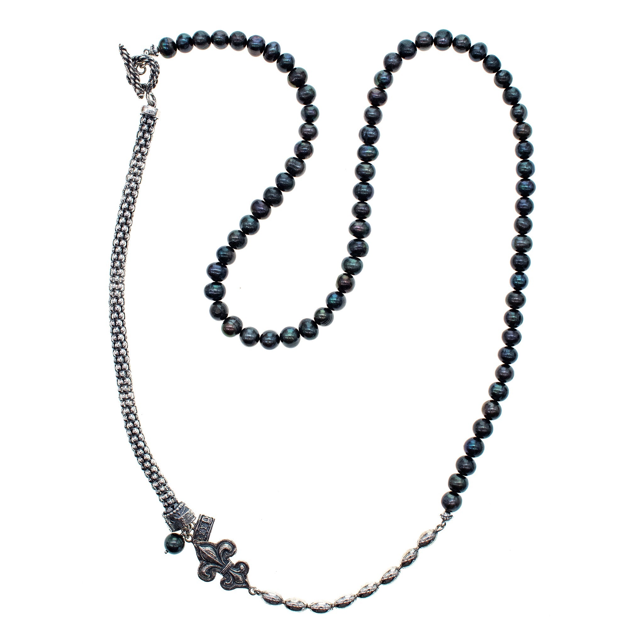 Fleur De Lis Black Pearl Necklace – Sterling Silver – Gem Kingdom