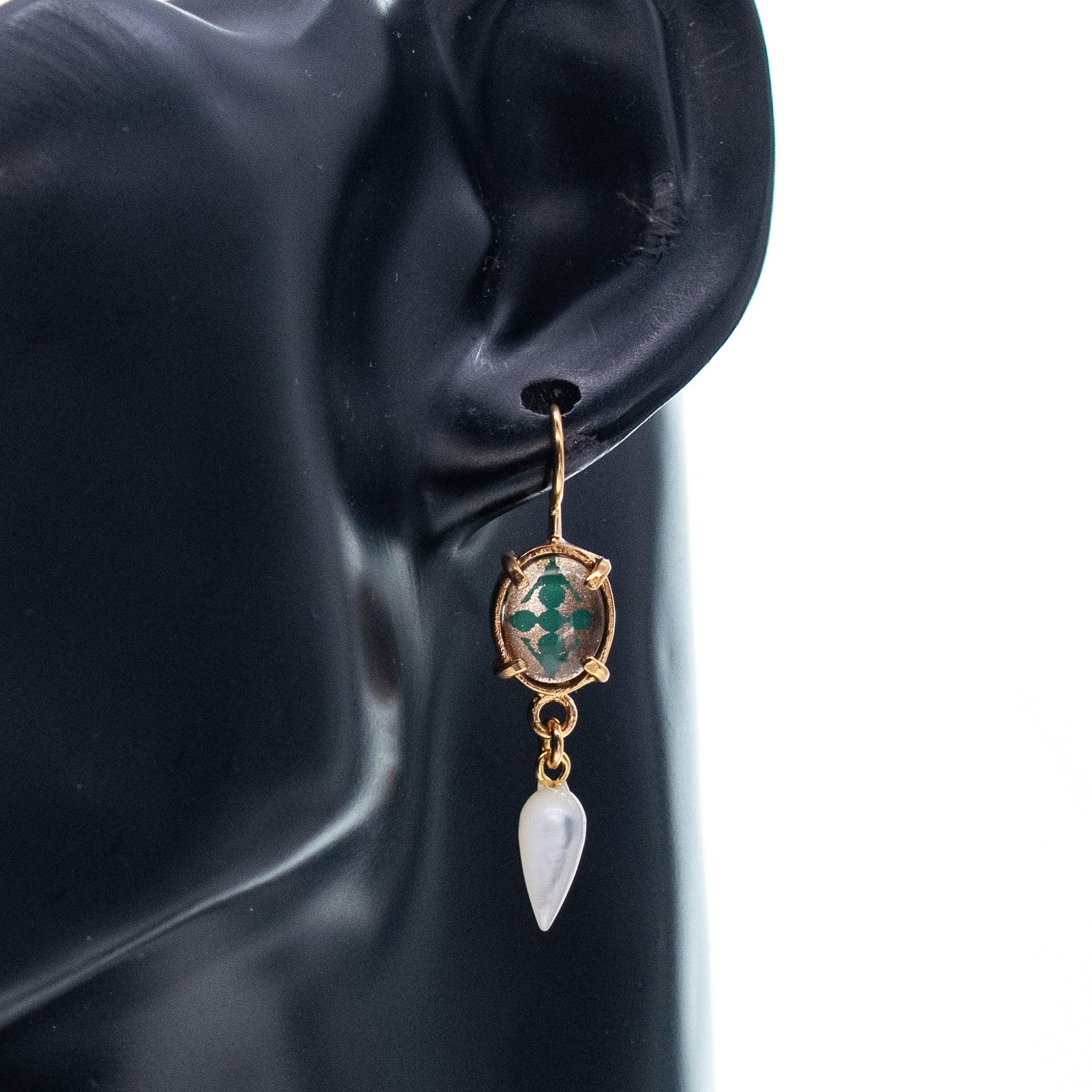 Green Intaglio Glass Drop Earrings