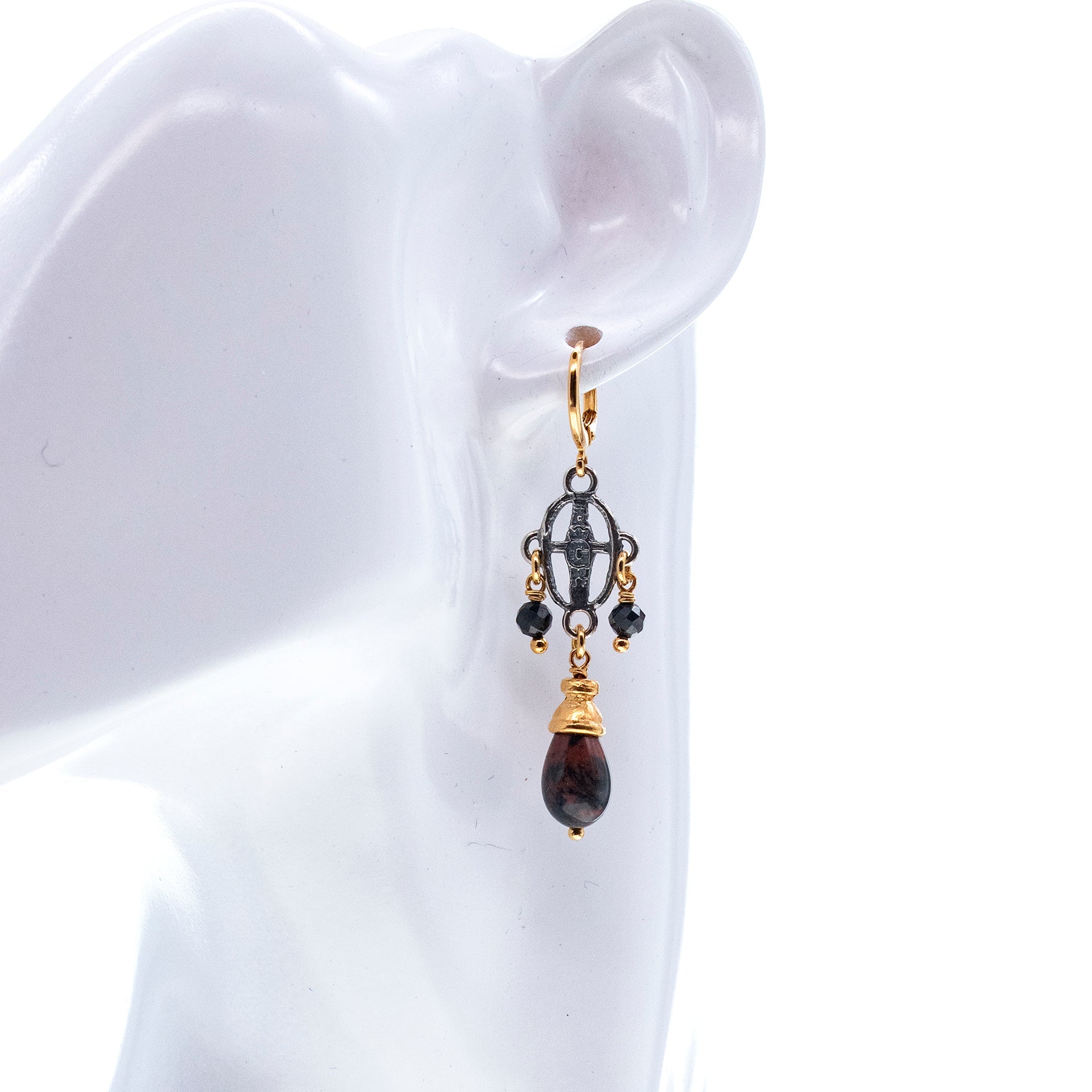 Mahogany Obsidian Hoop Dangle Earrings – Sterling Silver & Gold Plated – Gem Kingdom