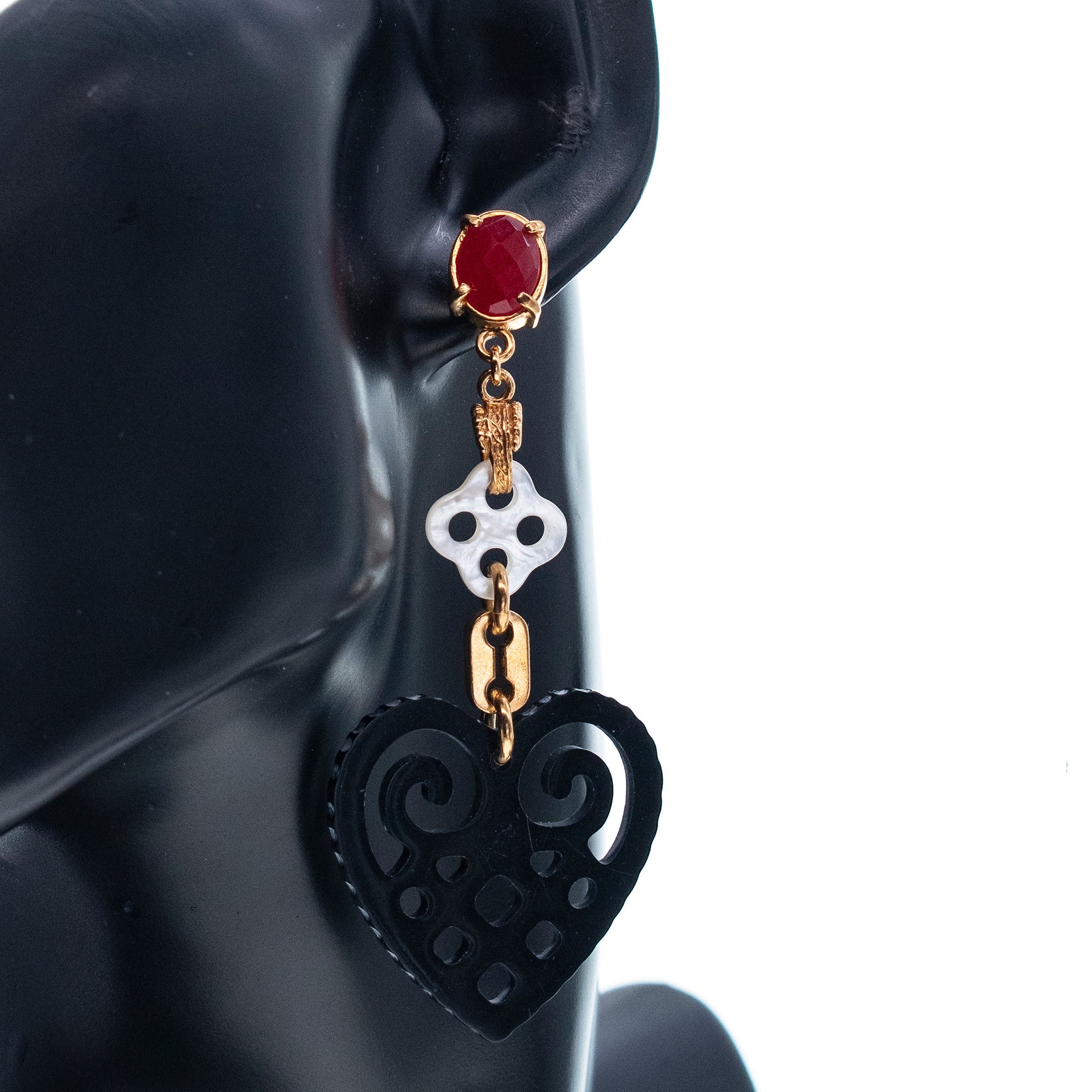 Red Agate & Onyx Heart Drop Single Earring