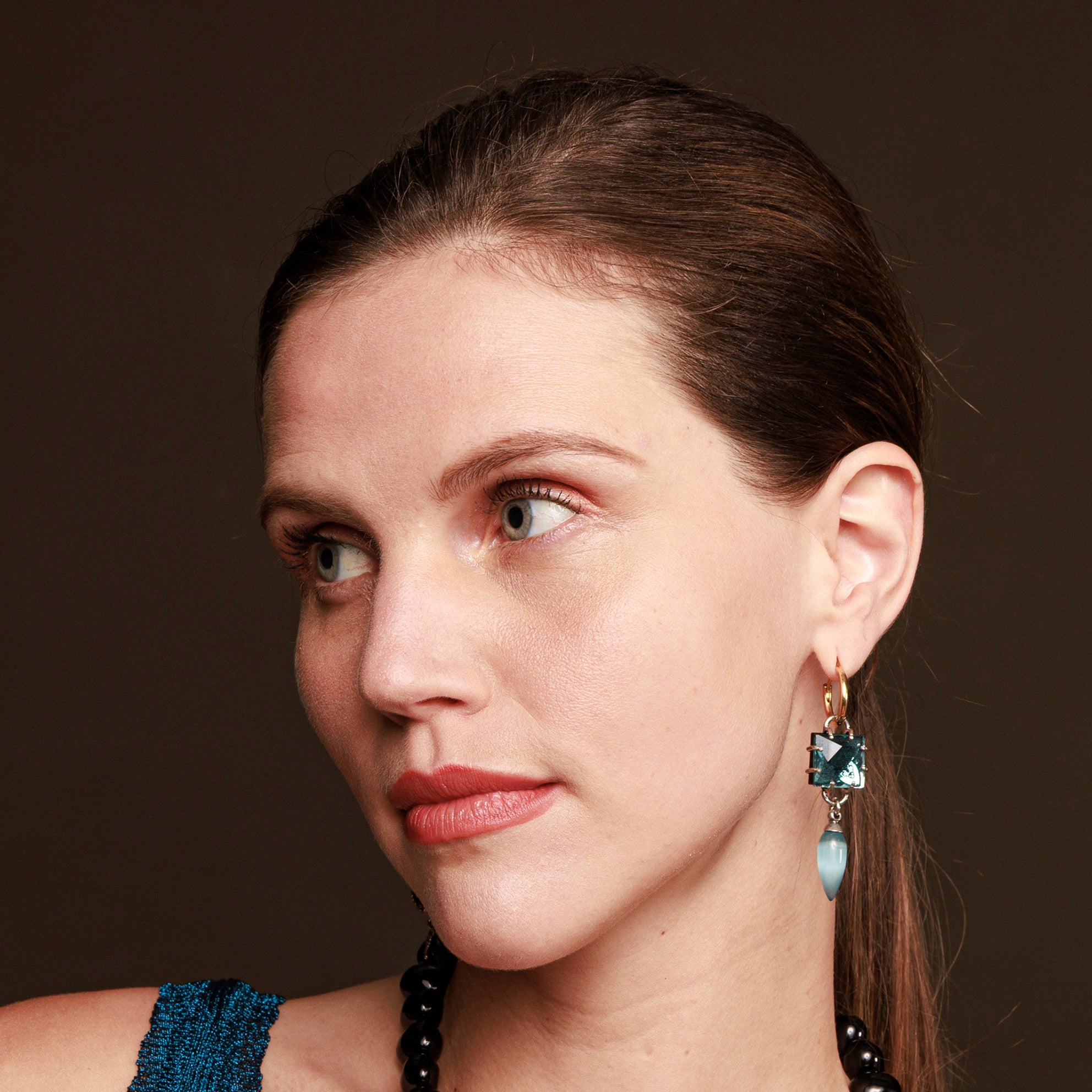 Intaglio Blue Crystal & Tiger Eye Hoop Earrings