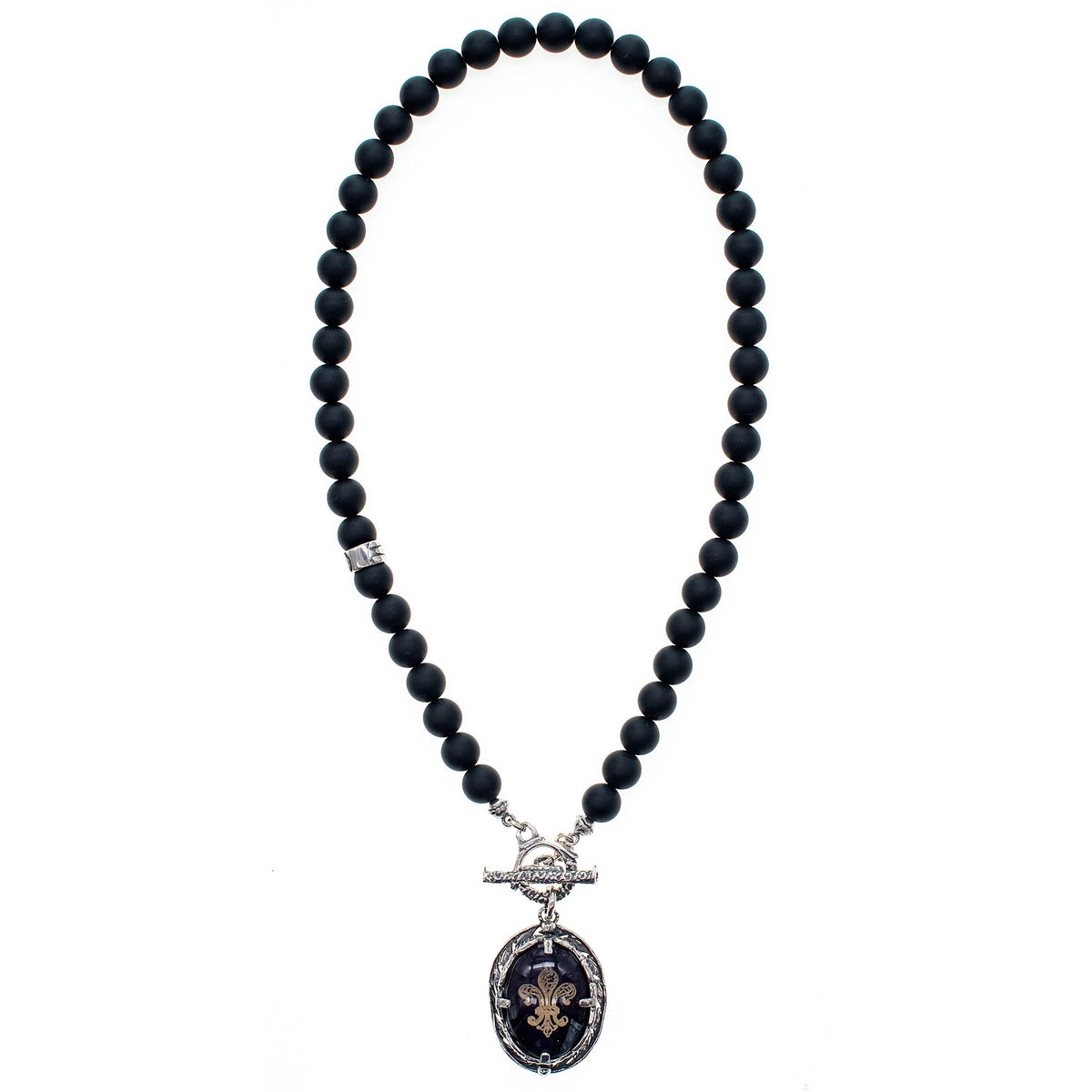 Fleur-De-Lis Bead Necklace Black – Sterling Silver – Gem Kingdom