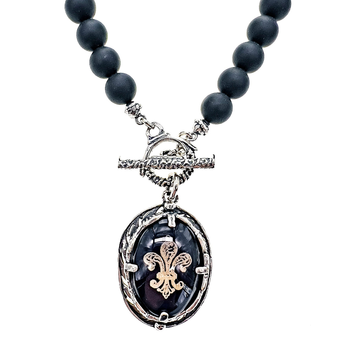 Fleur-De-Lis Bead Necklace Black – Sterling Silver – Gem Kingdom