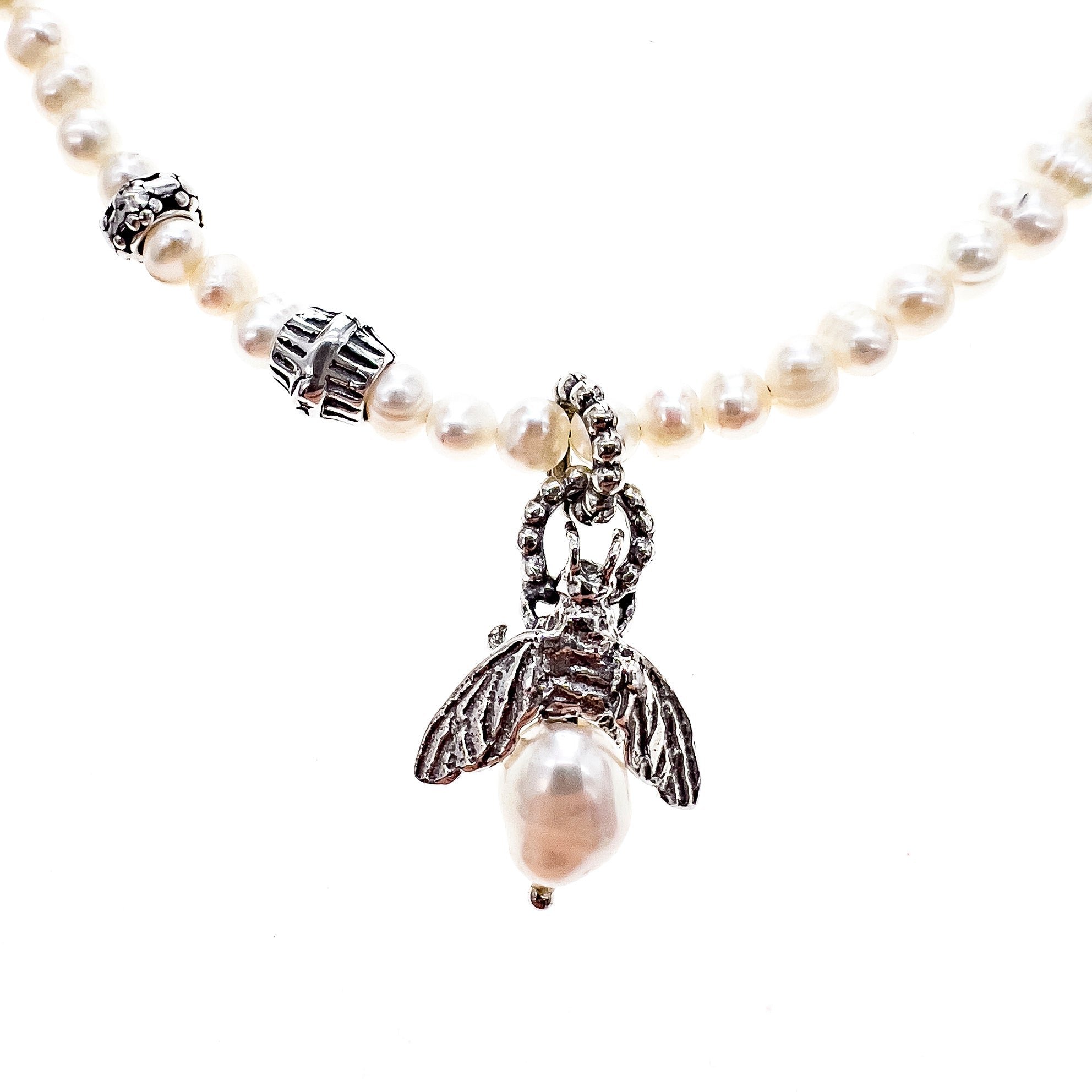 Bee My Honey White Pearl Necklace – Sterling Silver – Gem Kingdom