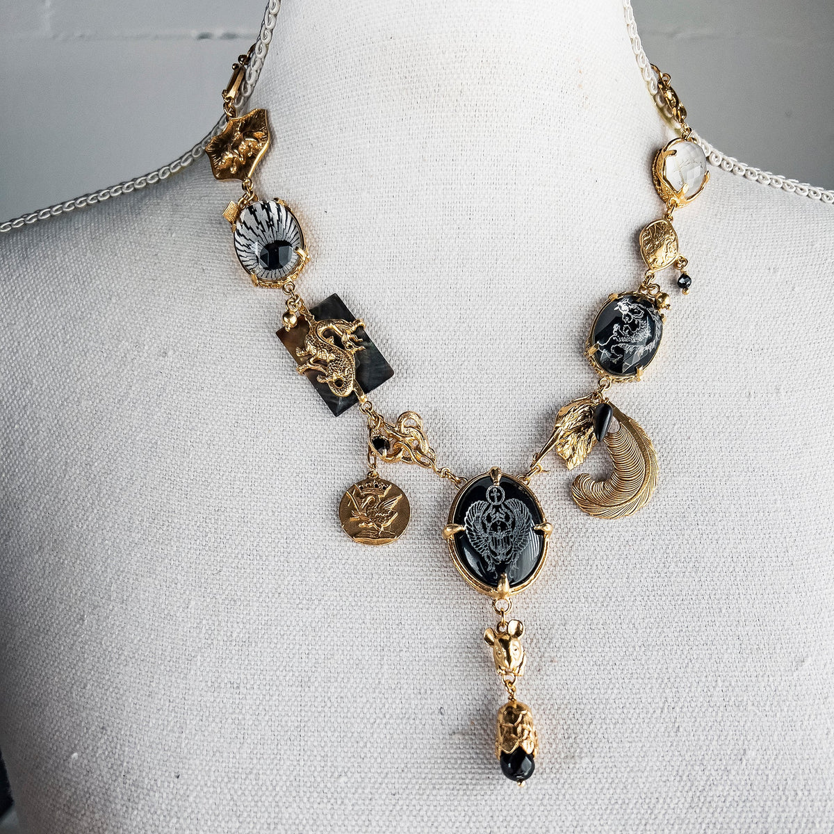 Black And Gold Charm Necklace – 18k Gold Plated – Gem Kingdom
