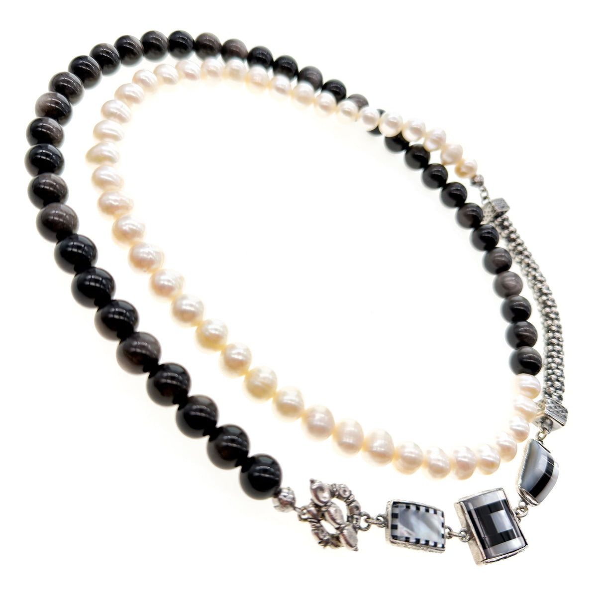 Black And White Long Pearl Necklace – Sterling Silver – Gem Kingdom