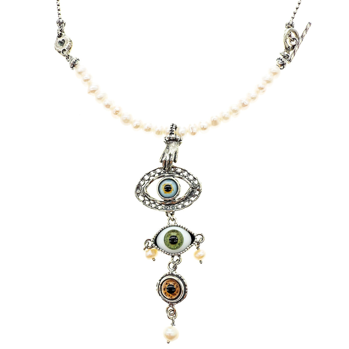 Eye Love You Multi Eye Pearl Necklace – Sterling Silver – Gem Kingdom