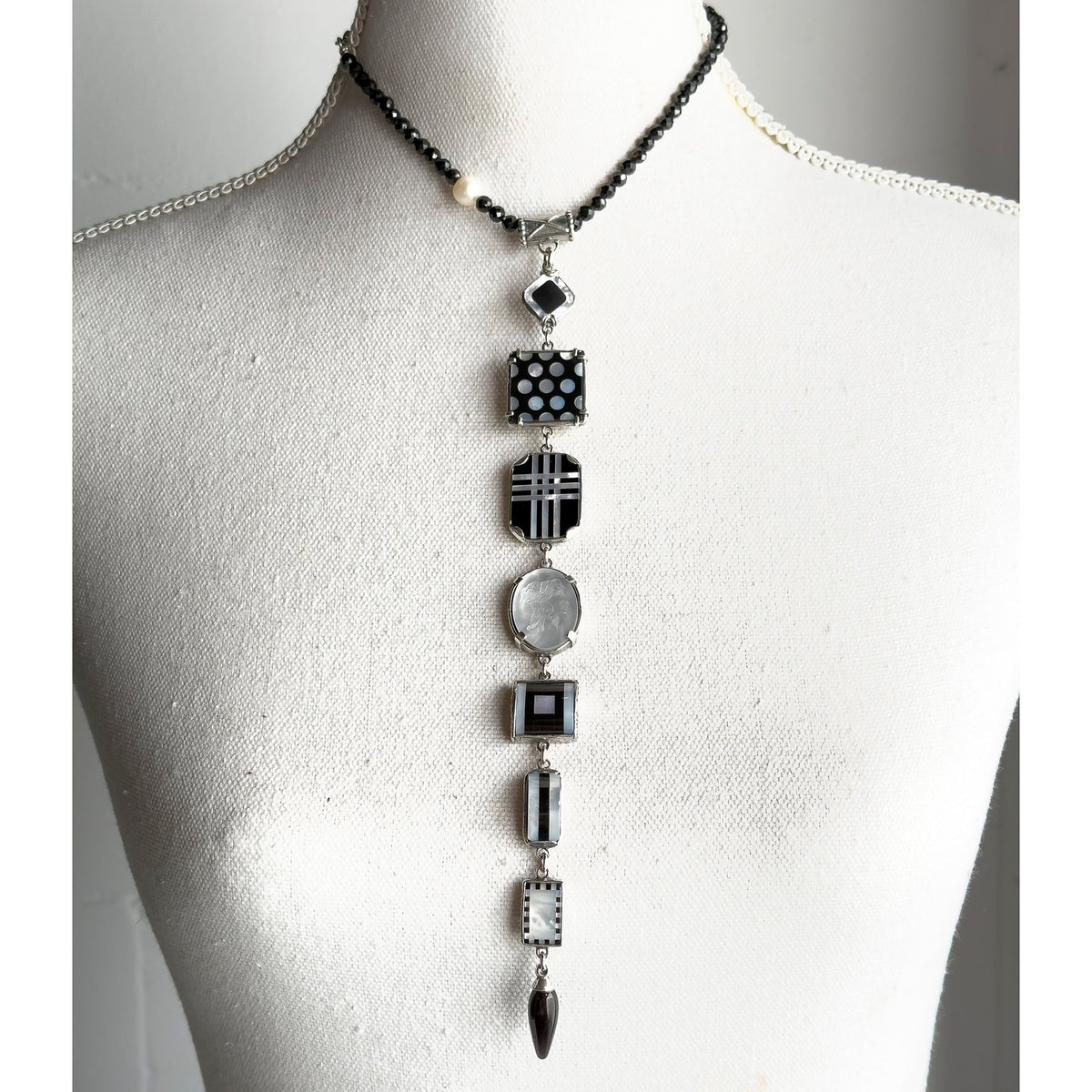 Black And White Geometric Y-Necklace – Sterling Silver – Gem Kingdom