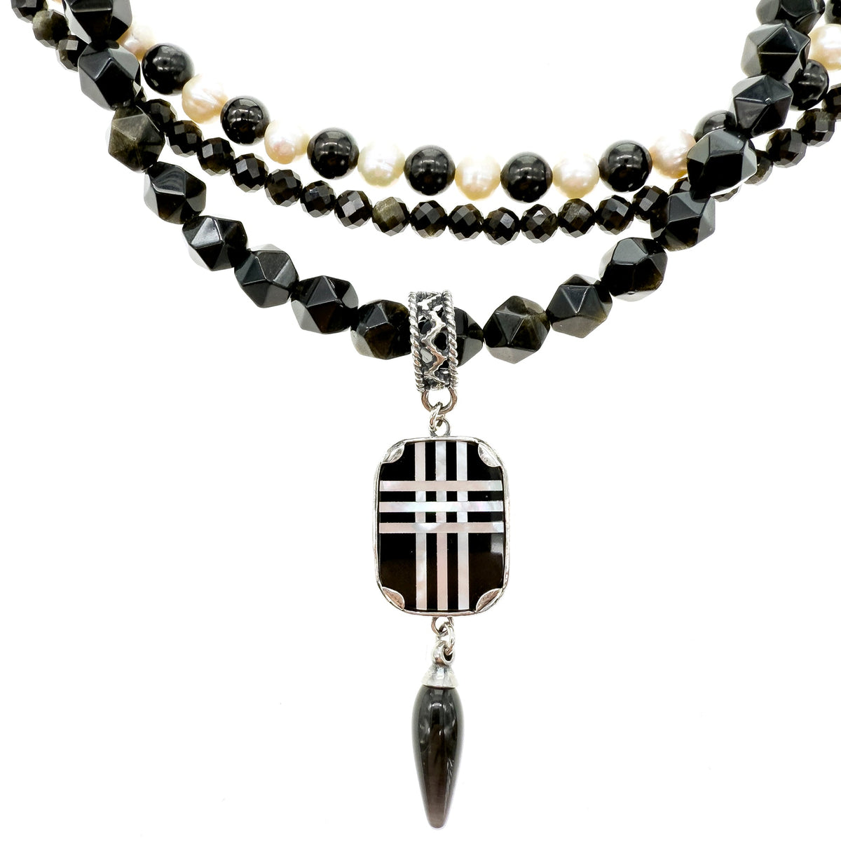 Black And White Triple Strand Necklace – Sterling Silver – Gem Kingdom