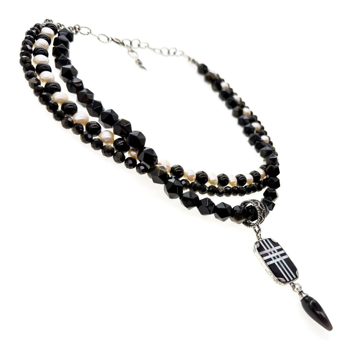 Black And White Triple Strand Necklace – Sterling Silver – Gem Kingdom
