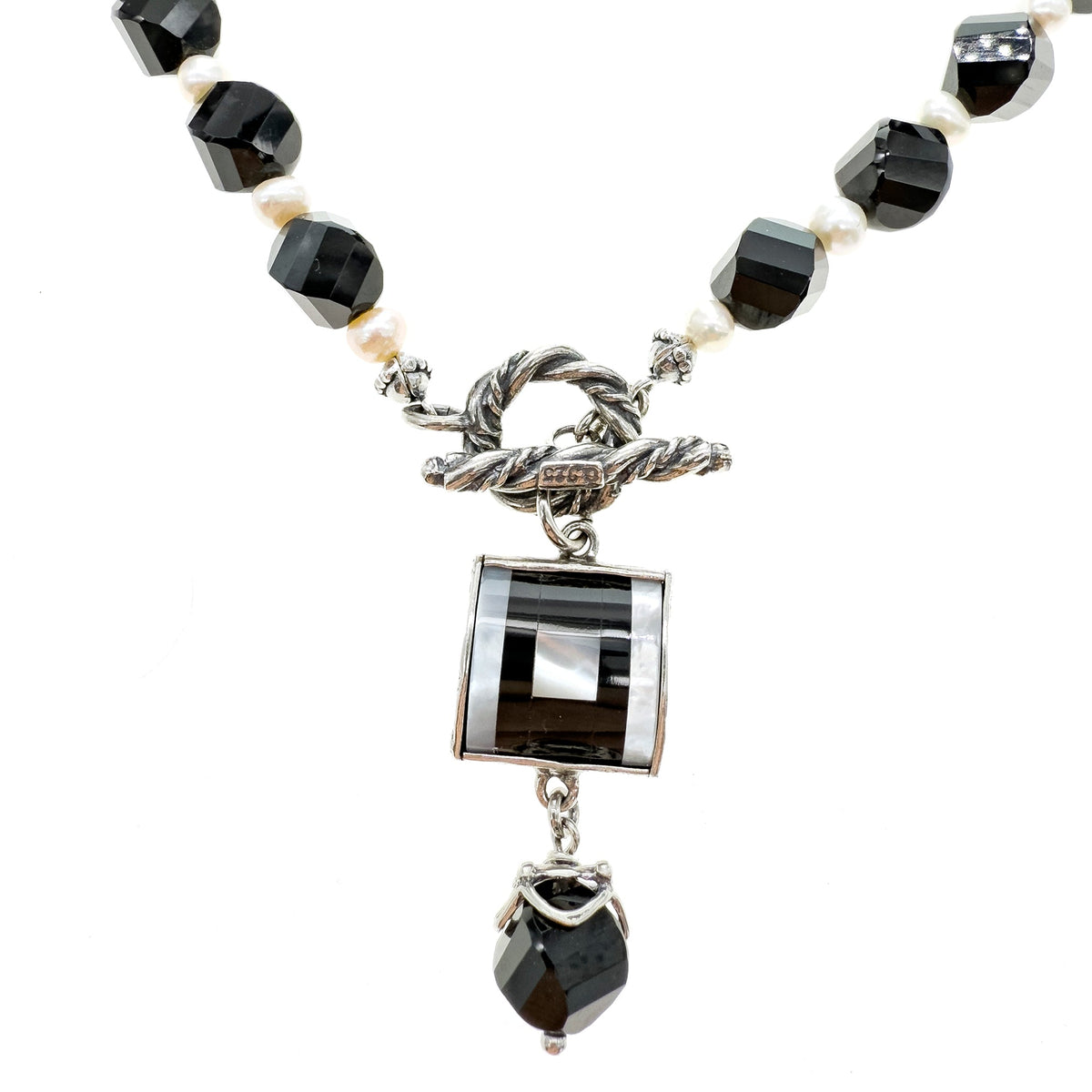 Black And White Square Inlay Necklace – Sterling Silver – Gem Kingdom